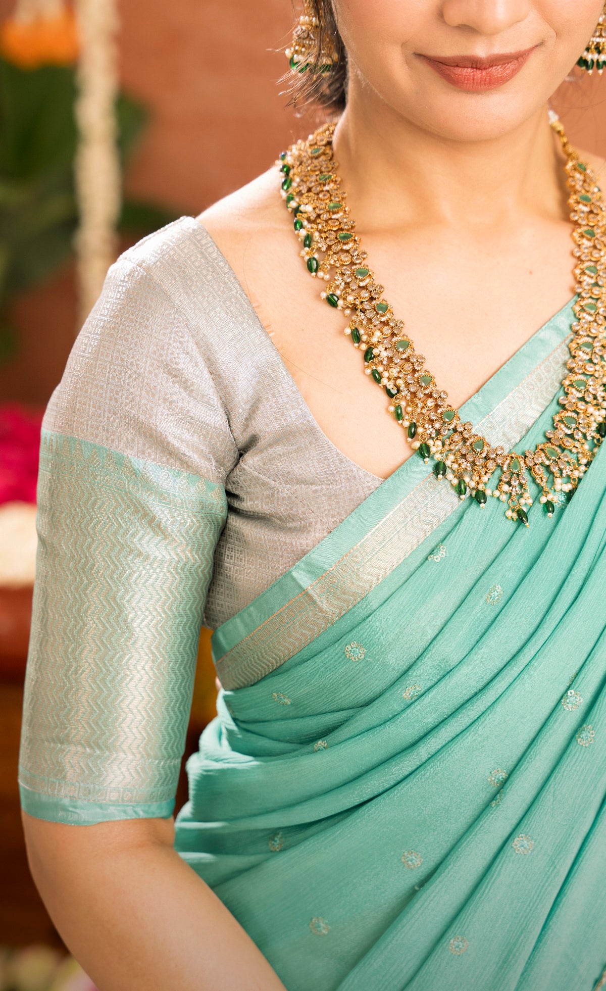 Izhaiyini Organza Halfsaree - Greyish silver and Sea green