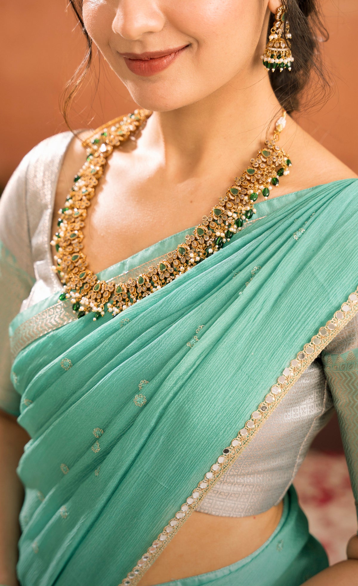 Izhaiyini Organza Halfsaree - Greyish silver and Sea green