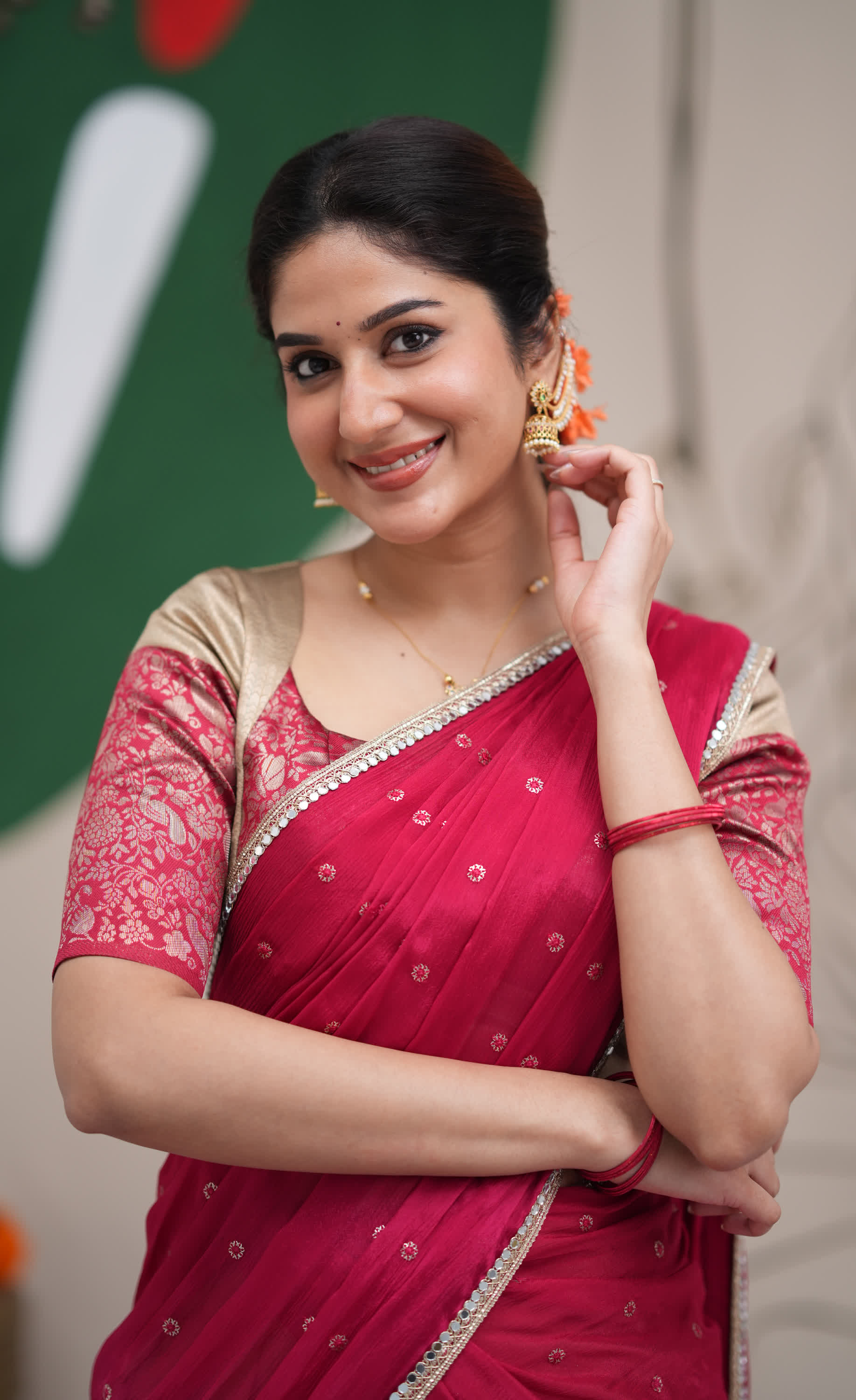 Padmakshi Creamish Gold and Red Blended Silk Halfsaree