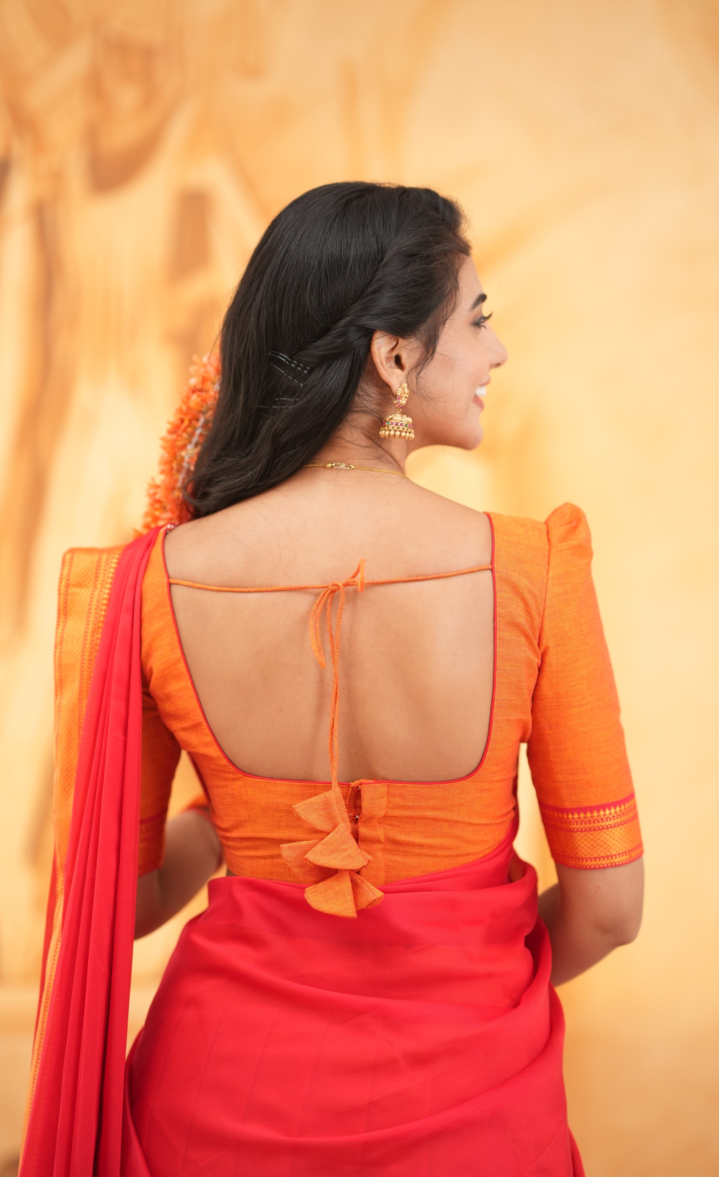 Savarna - Orange and Red Cotton Halfsaree