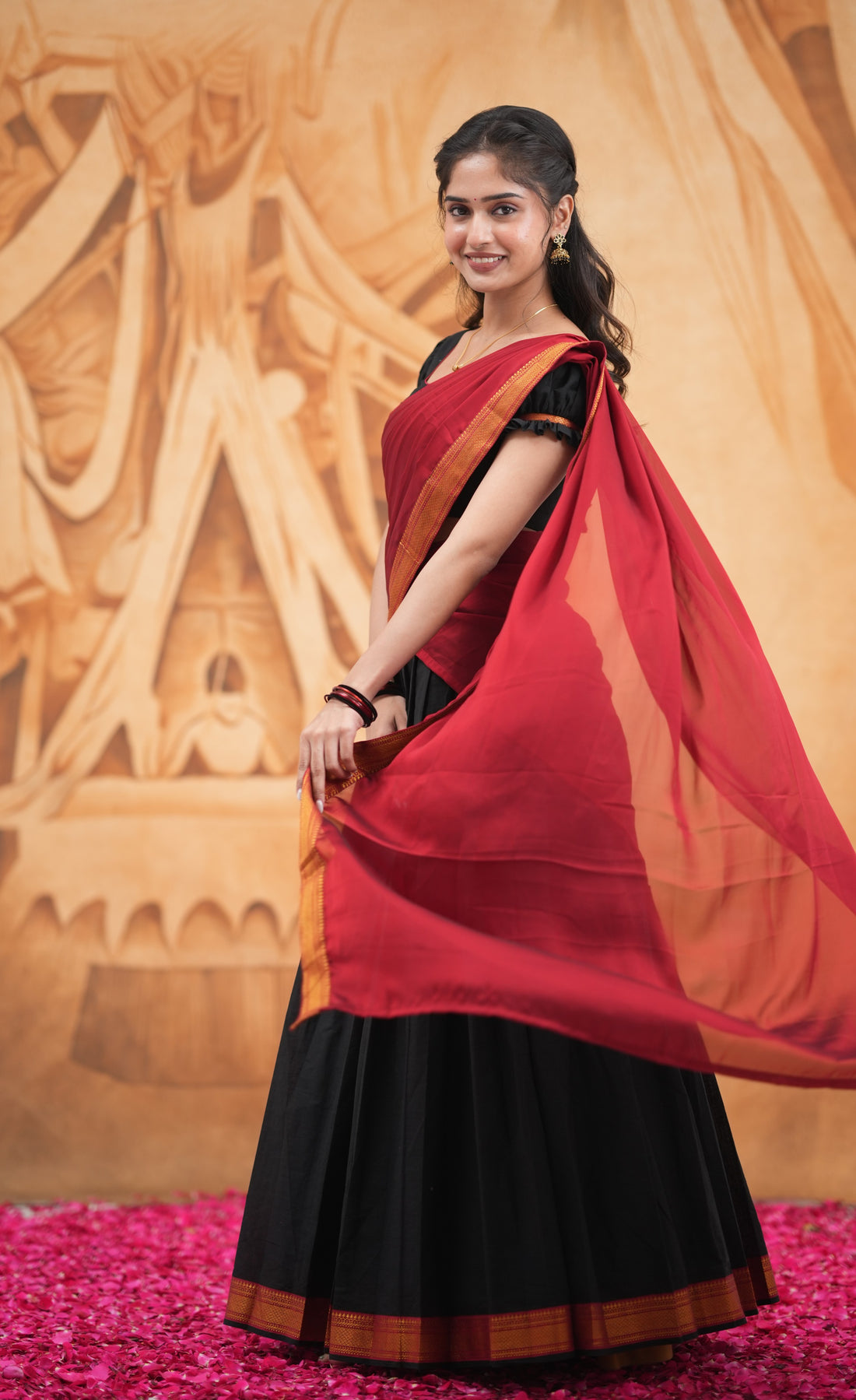 Savarna - Black and Maroon Cotton Halfsaree