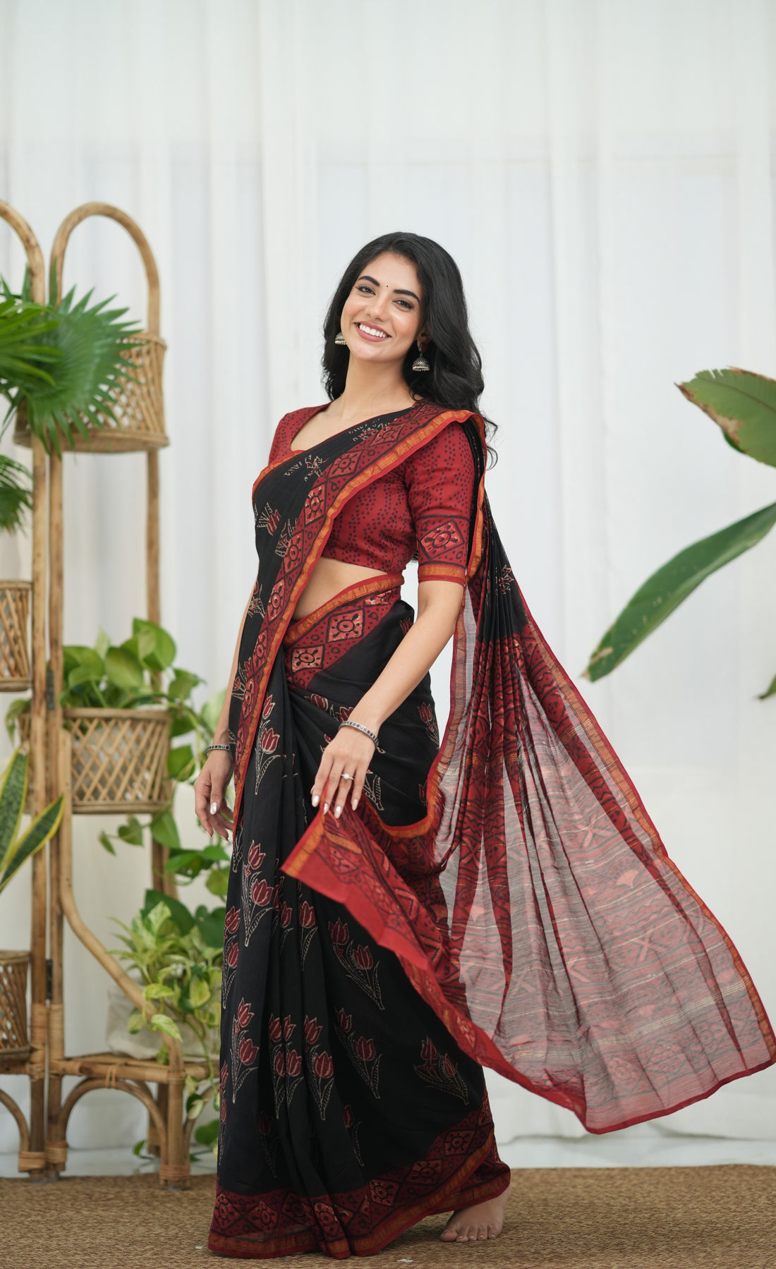 Mayuri Hand Block printed Maheswari Saree - Black and Red