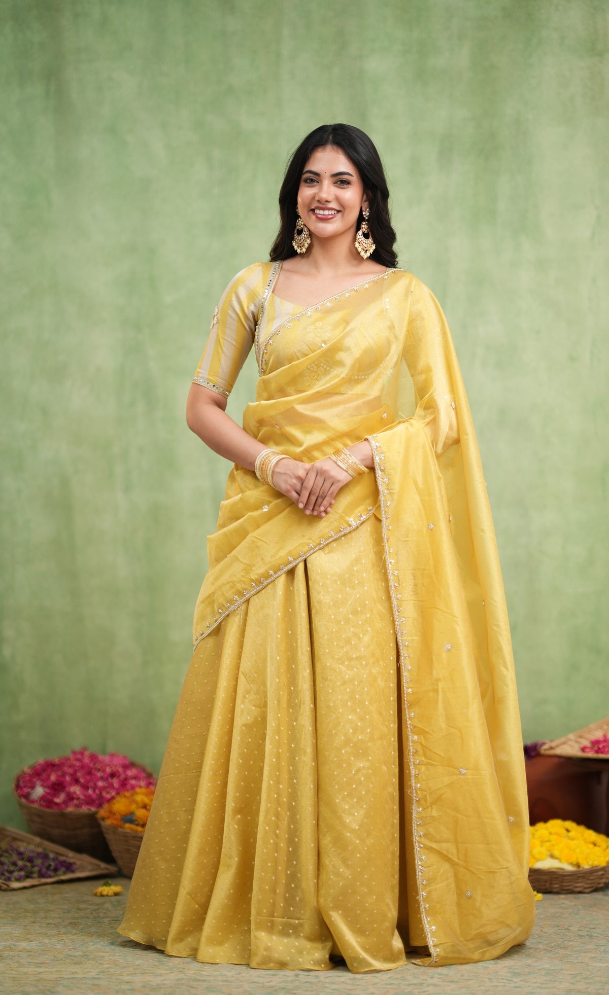 Pearl Soft Organza Tissue Halfsaree - Yellow