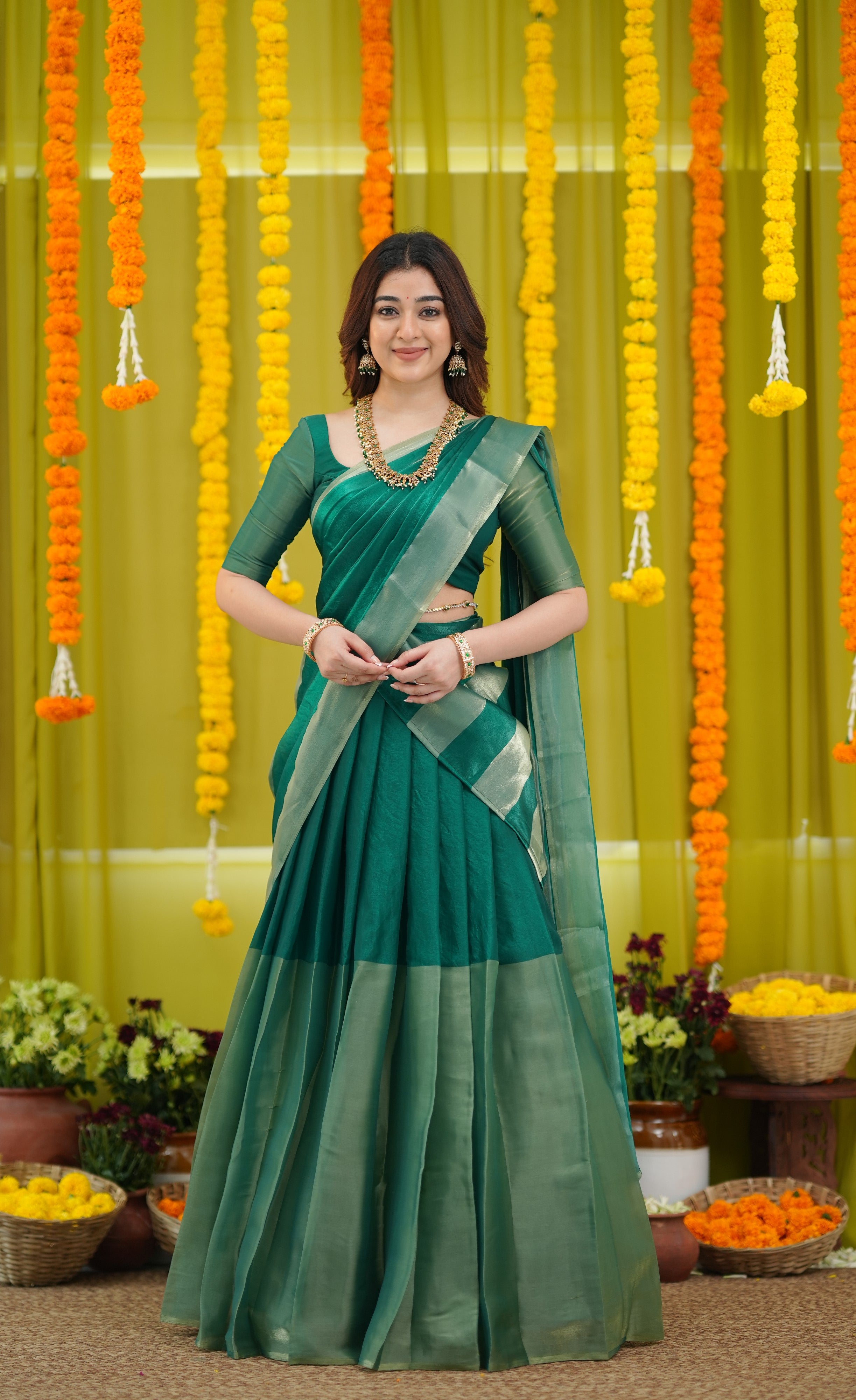 Vedika - Bottle Green and Gold Scape Silk Halfsaree