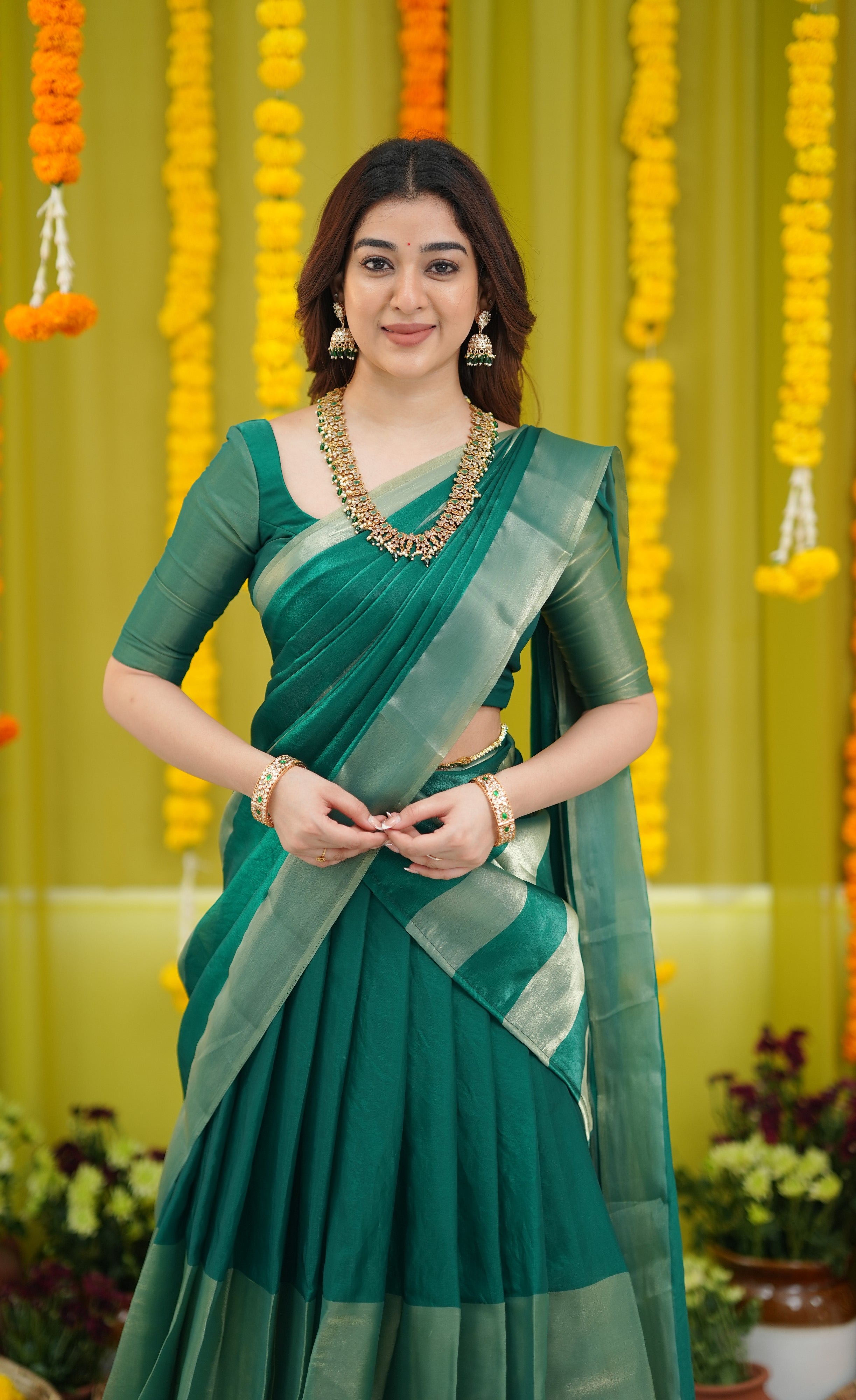 Vedika - Bottle Green and Gold Scape Silk Halfsaree