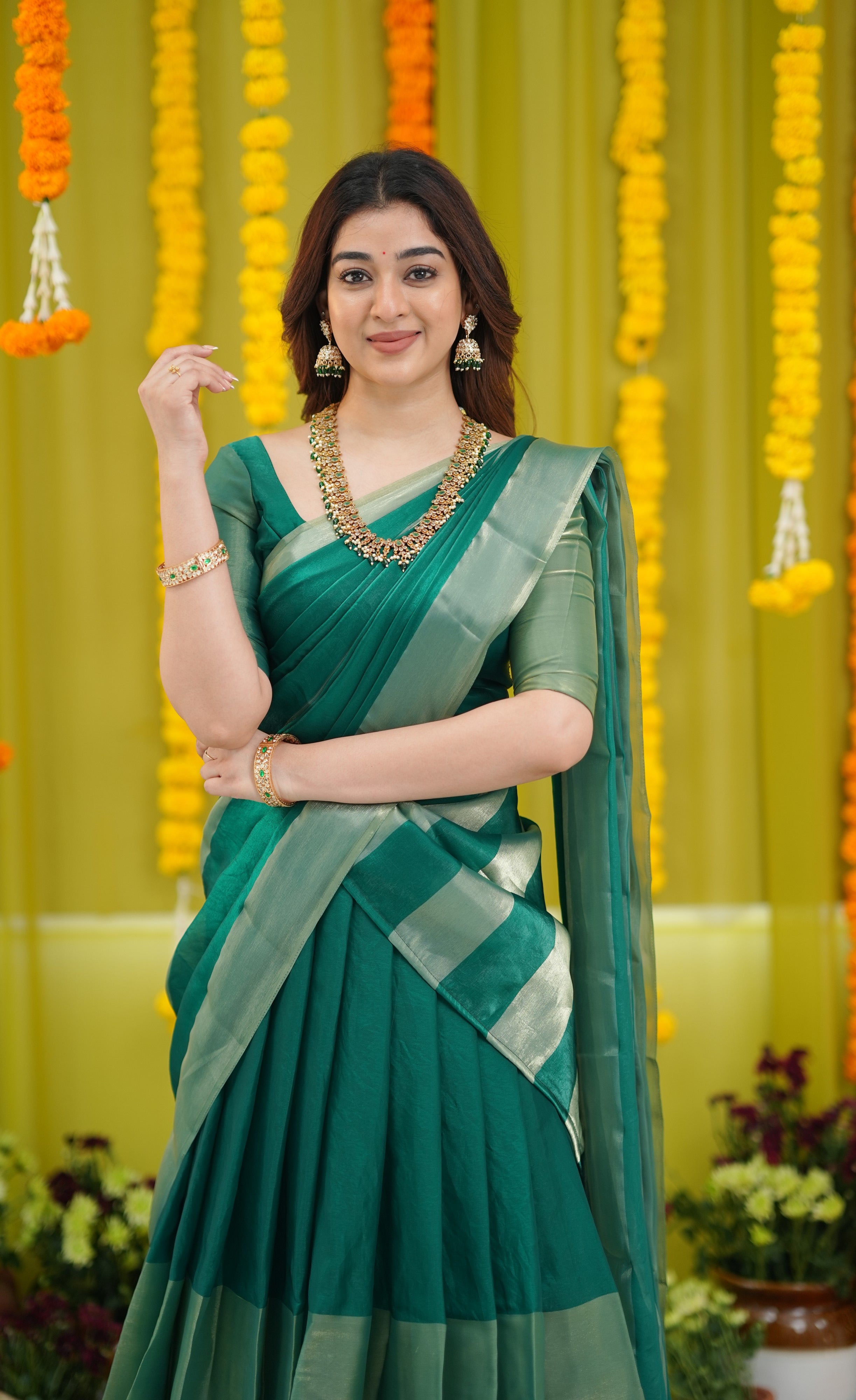 Vedika - Bottle Green and Gold Scape Silk Halfsaree