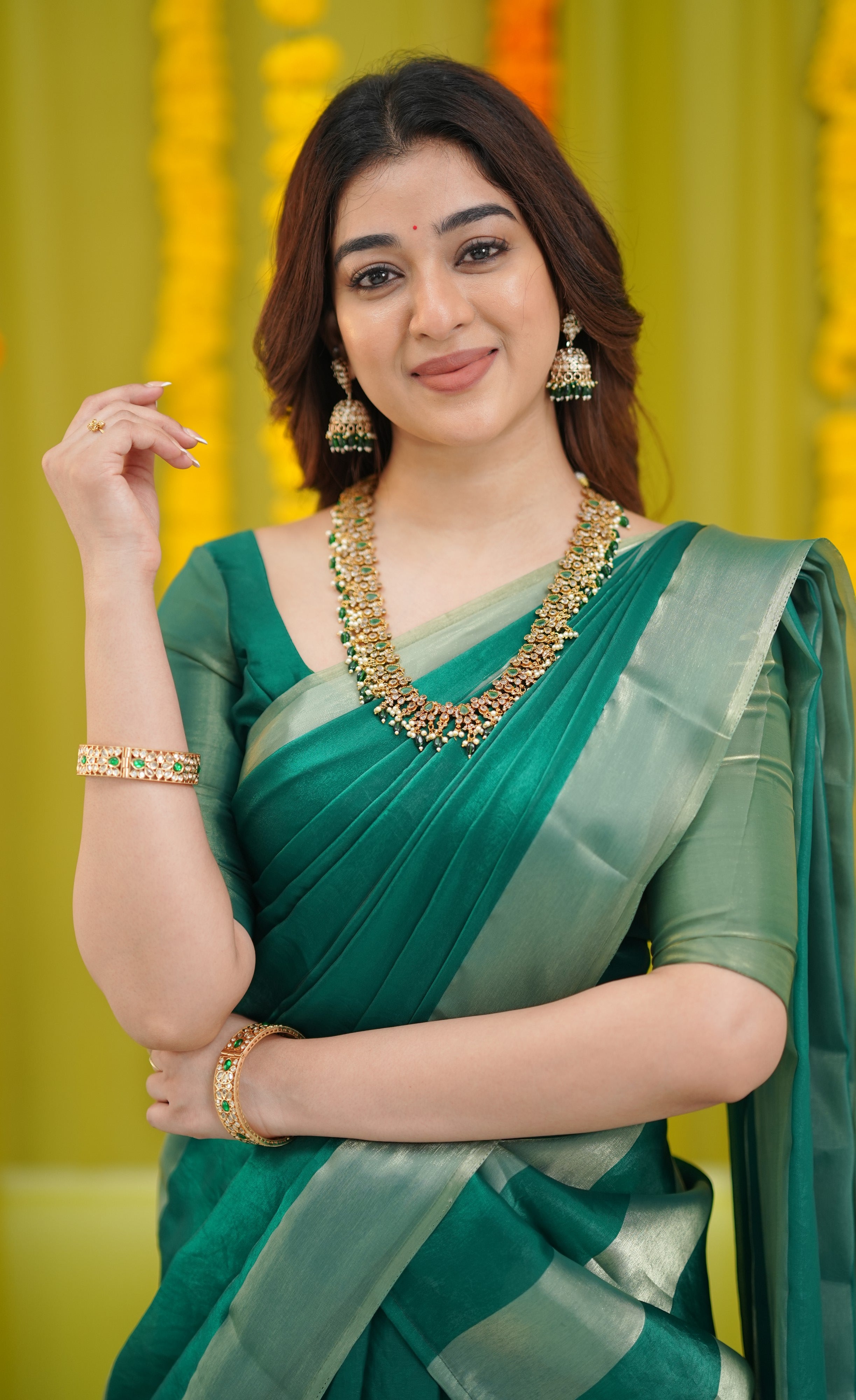 Vedika - Bottle Green and Gold Scape Silk Halfsaree