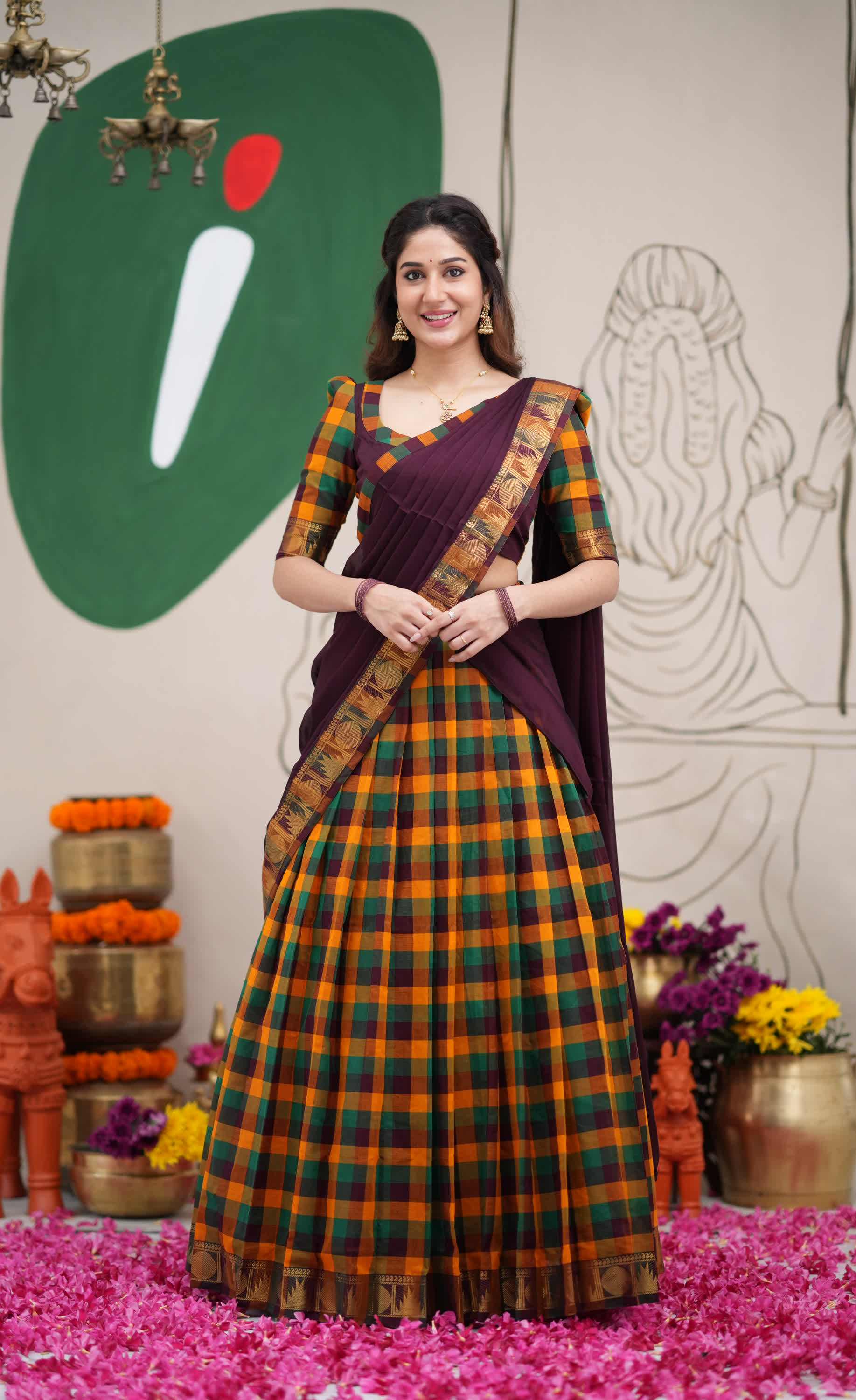Padmaja Mustard and Deep Plum Kandangi Checks Cotton Halfsaree