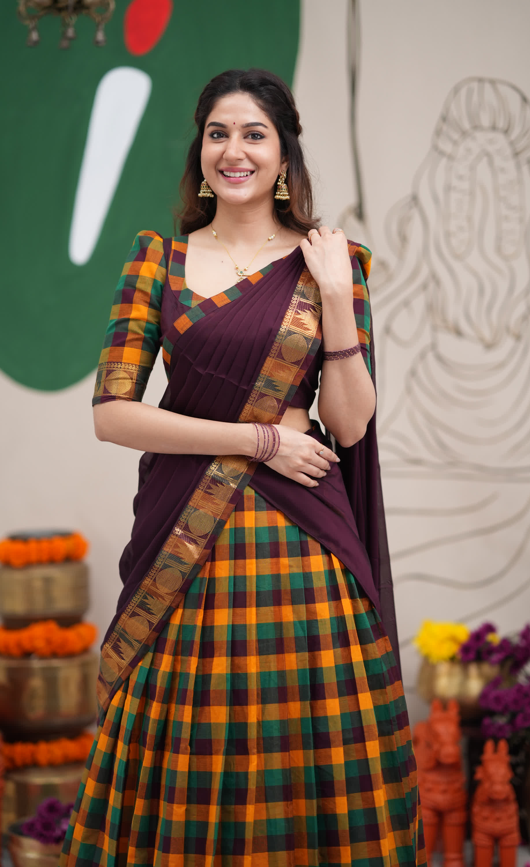 Padmaja Mustard and Deep Plum Kandangi Checks Cotton Halfsaree