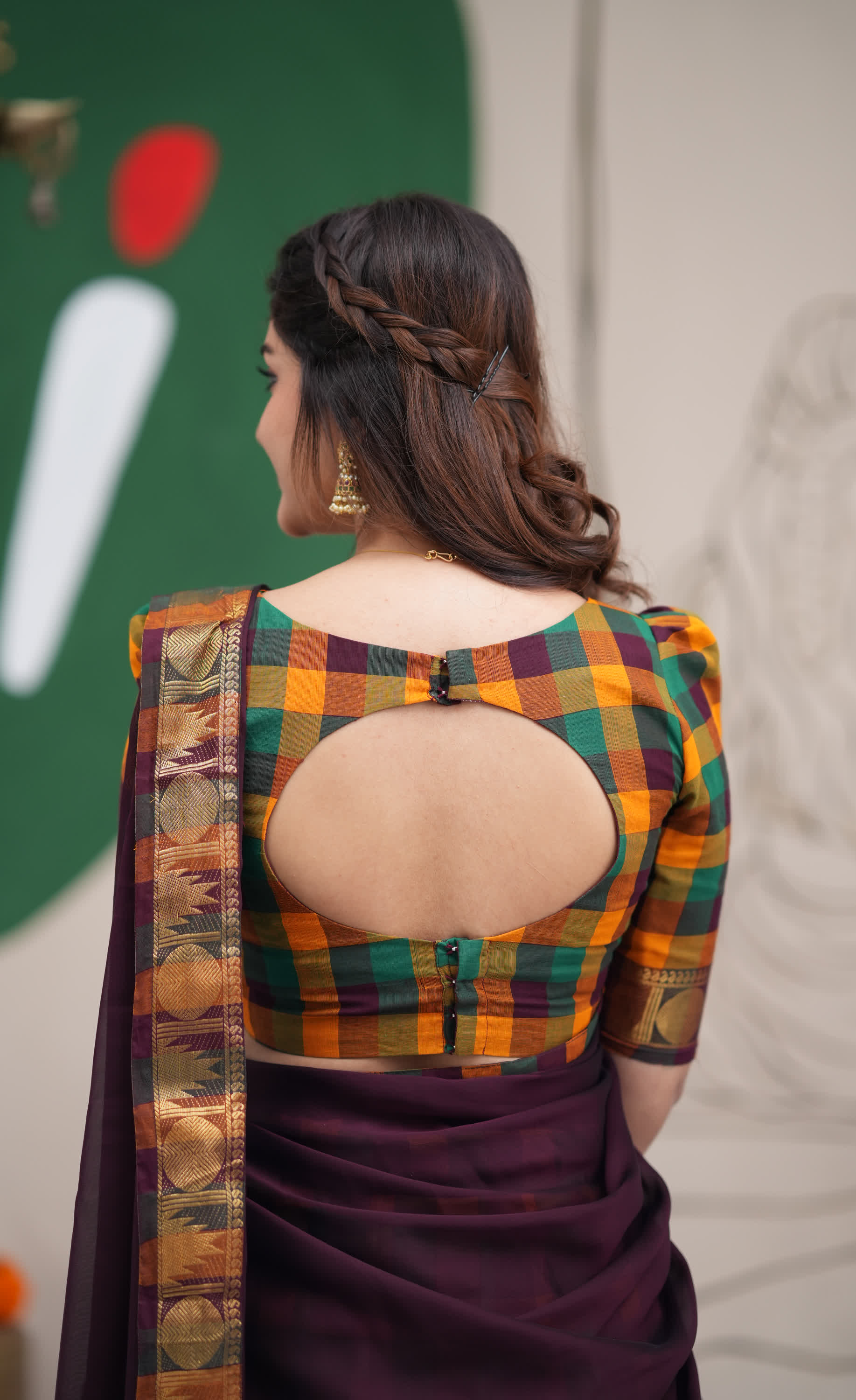 Padmaja Mustard and Deep Plum Kandangi Checks Cotton Halfsaree