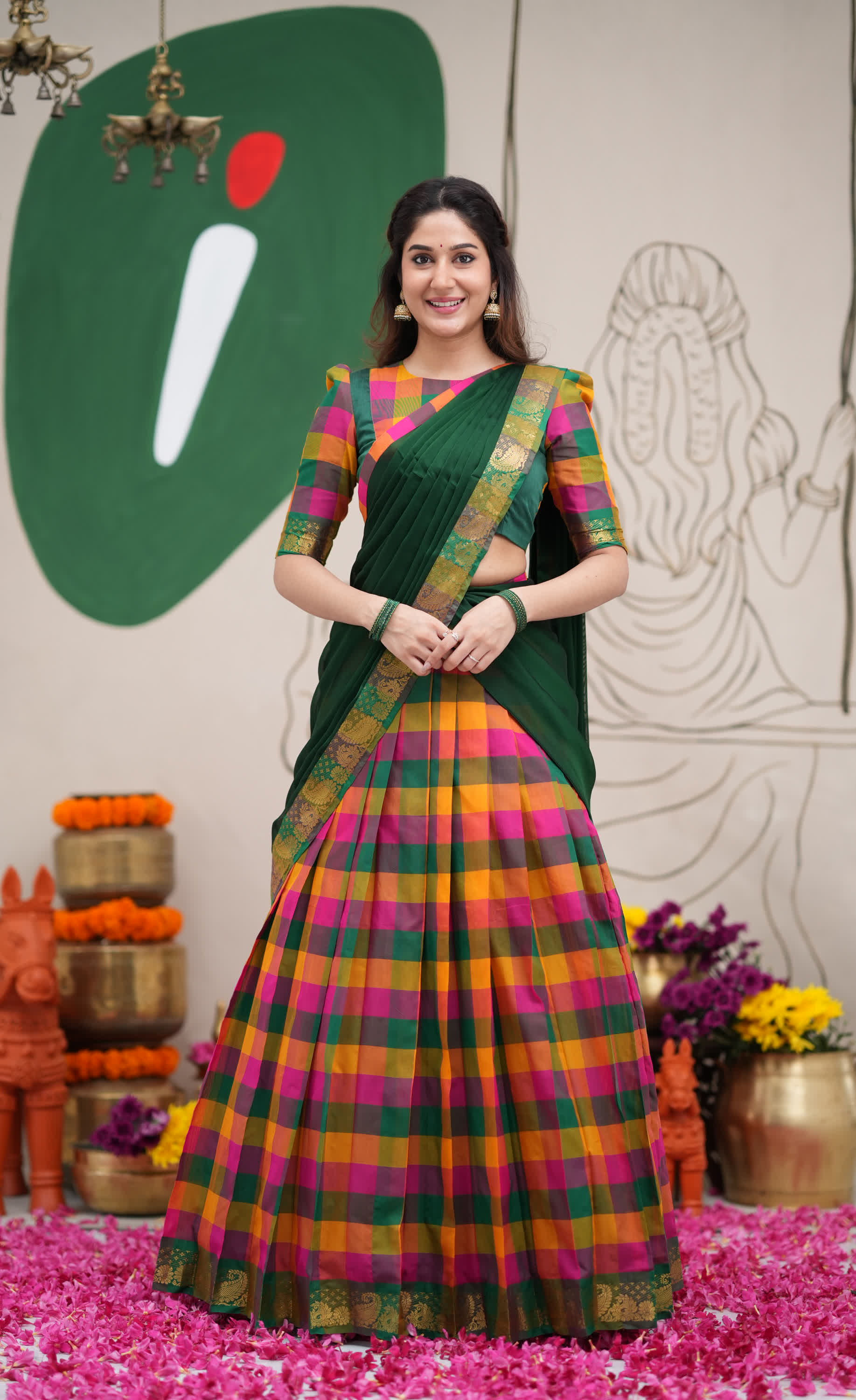 Pink and Bottle Green Kandangi Checks Poly Cotton Halfsaree