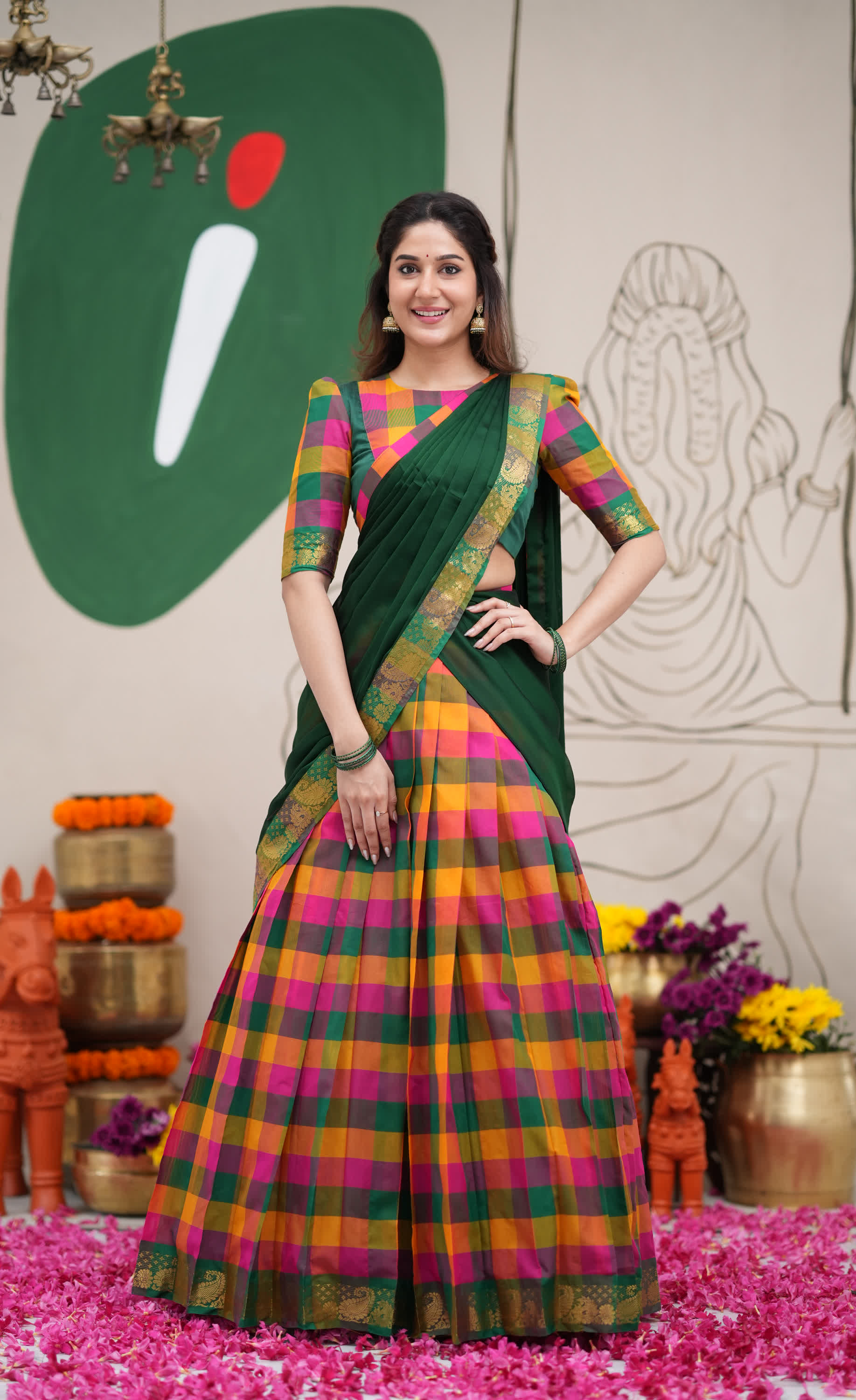 Pink and Bottle Green Kandangi Checks Poly Cotton Halfsaree