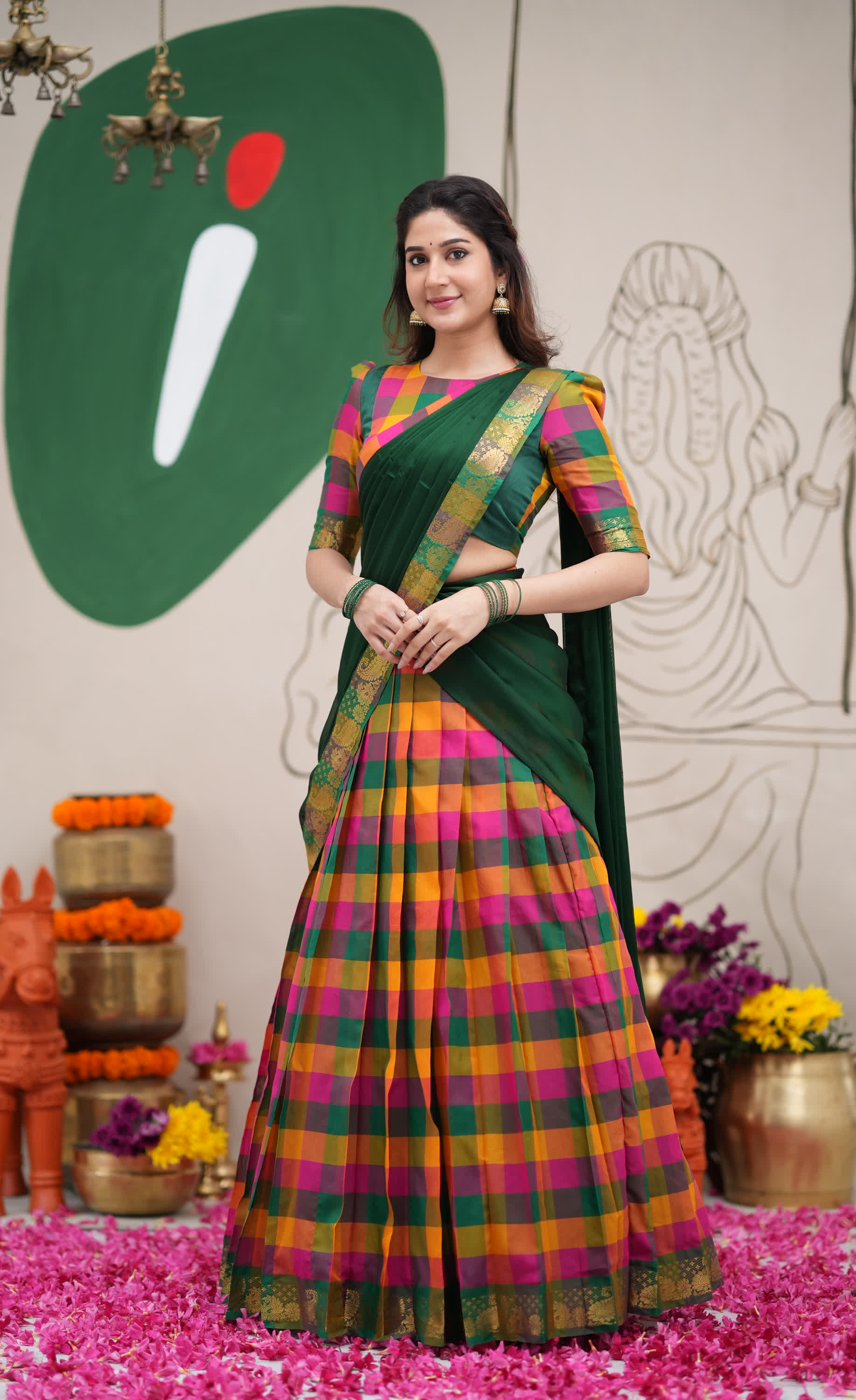 Pink and Bottle Green Kandangi Checks Poly Cotton Halfsaree