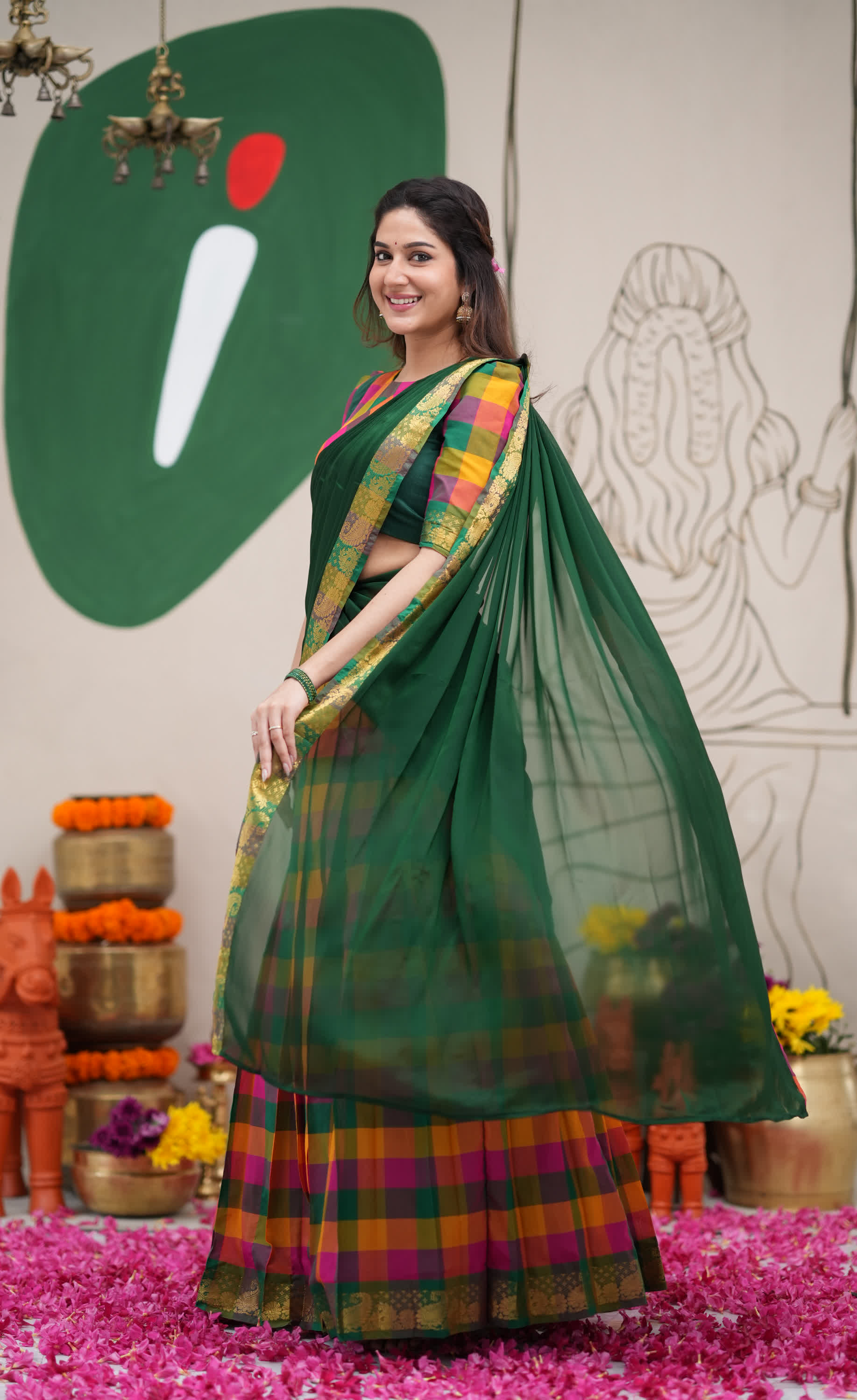 Pink and Bottle Green Kandangi Checks Poly Cotton Halfsaree