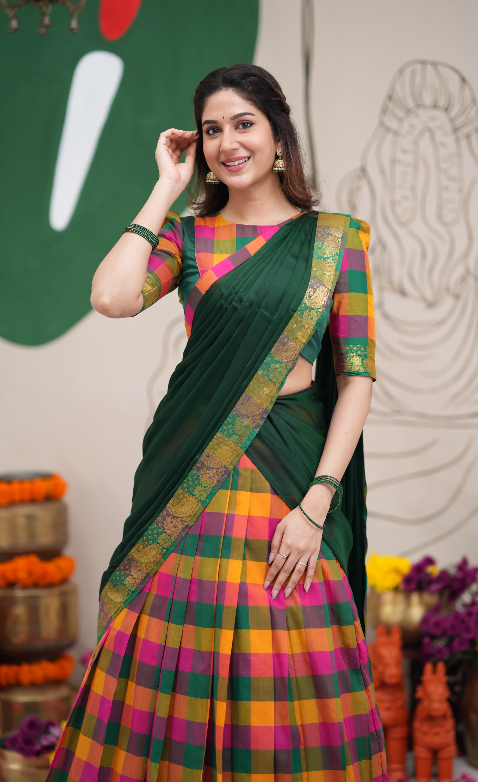 Pink and Bottle Green Kandangi Checks Poly Cotton Halfsaree