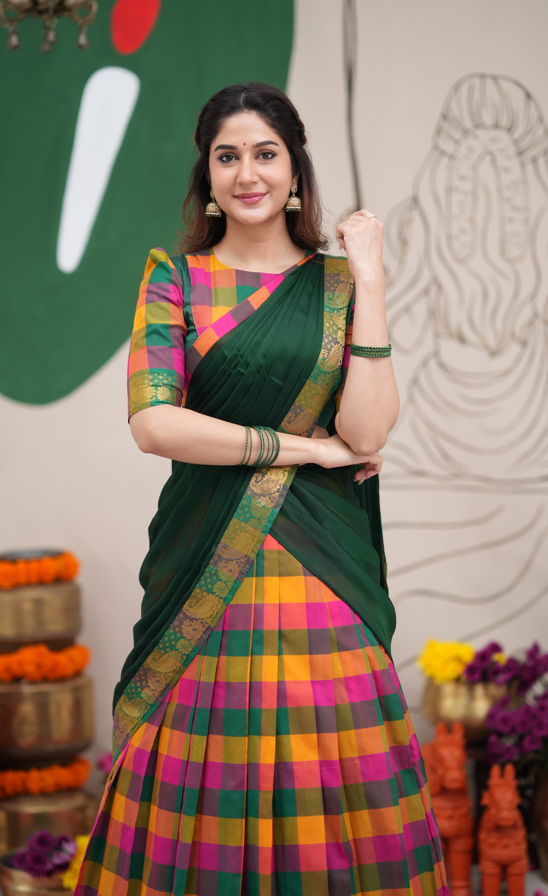 Pink and Bottle Green Kandangi Checks Poly Cotton Halfsaree