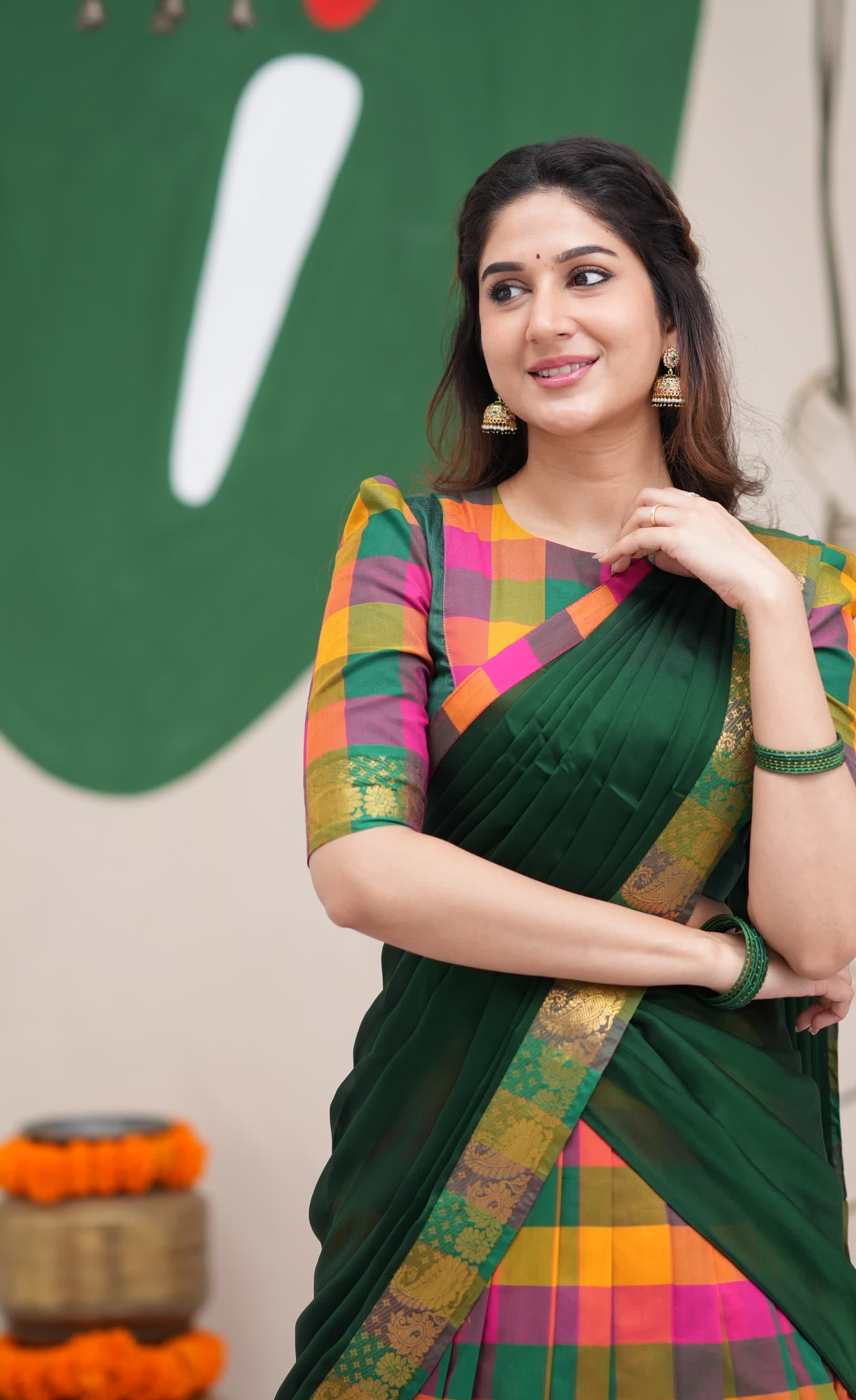 Pink and Bottle Green Kandangi Checks Poly Cotton Halfsaree