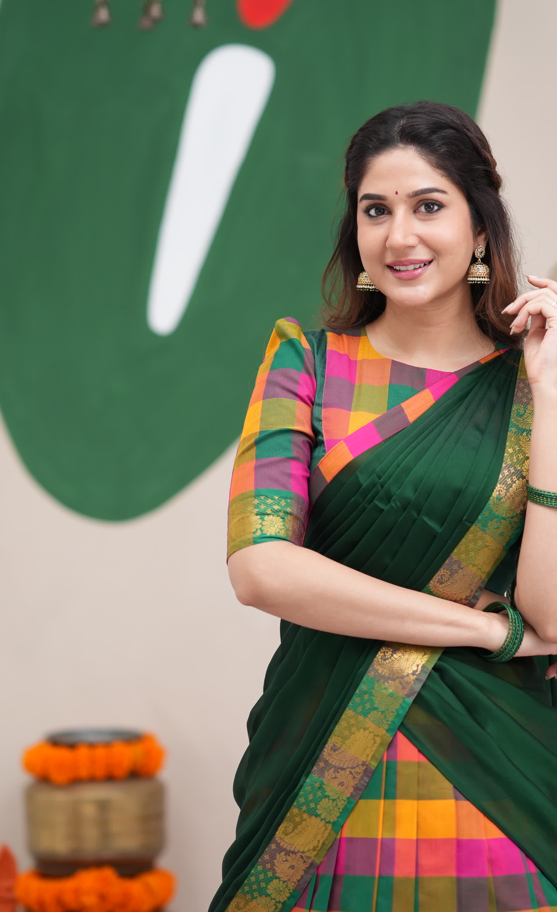 Pink and Bottle Green Kandangi Checks Poly Cotton Halfsaree