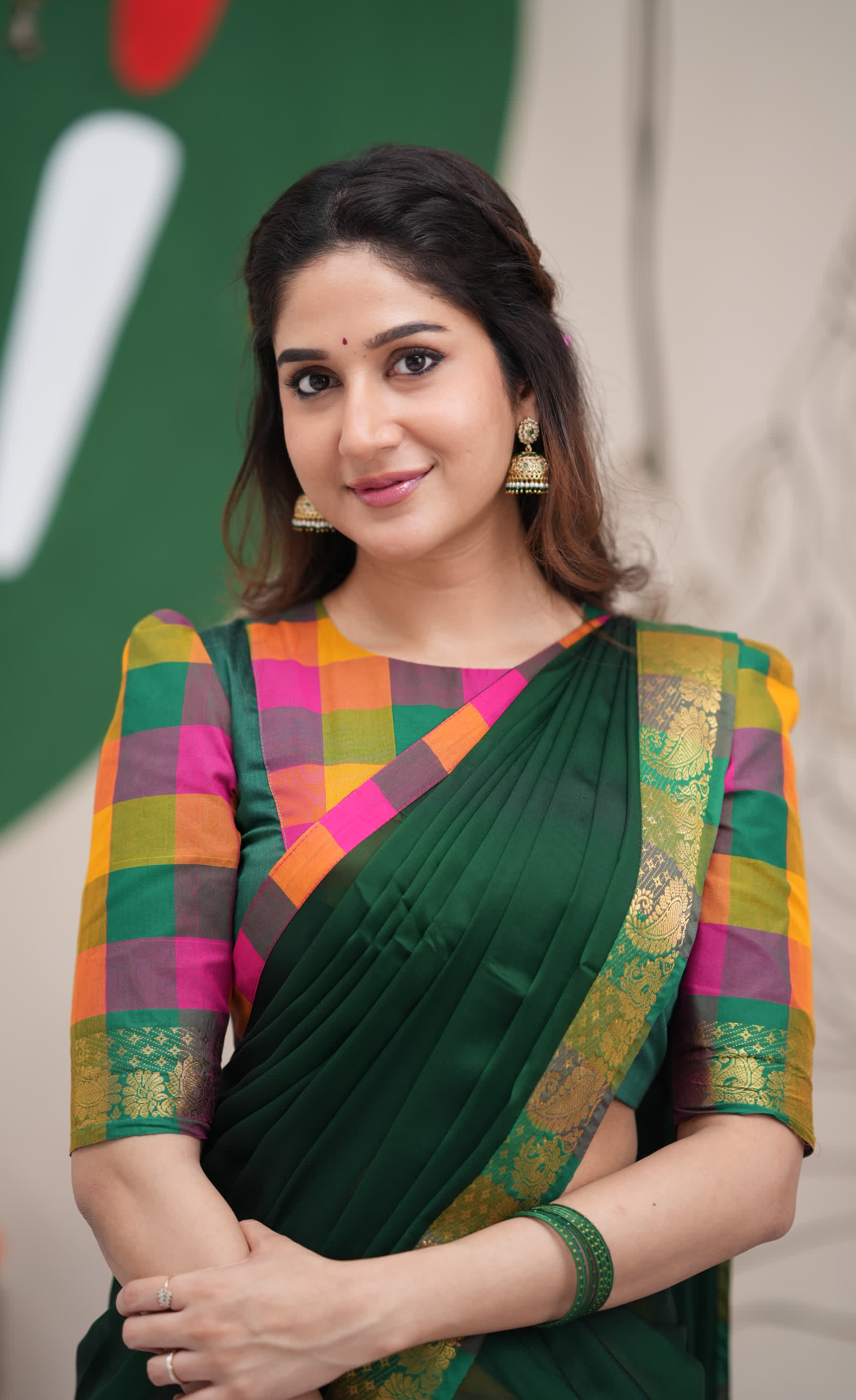 Pink and Bottle Green Kandangi Checks Poly Cotton Halfsaree