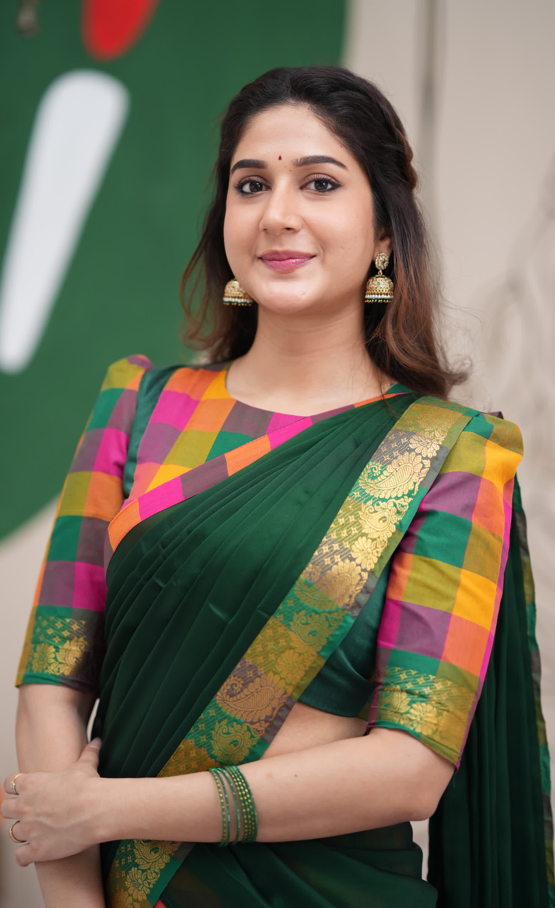 Pink and Bottle Green Kandangi Checks Poly Cotton Halfsaree