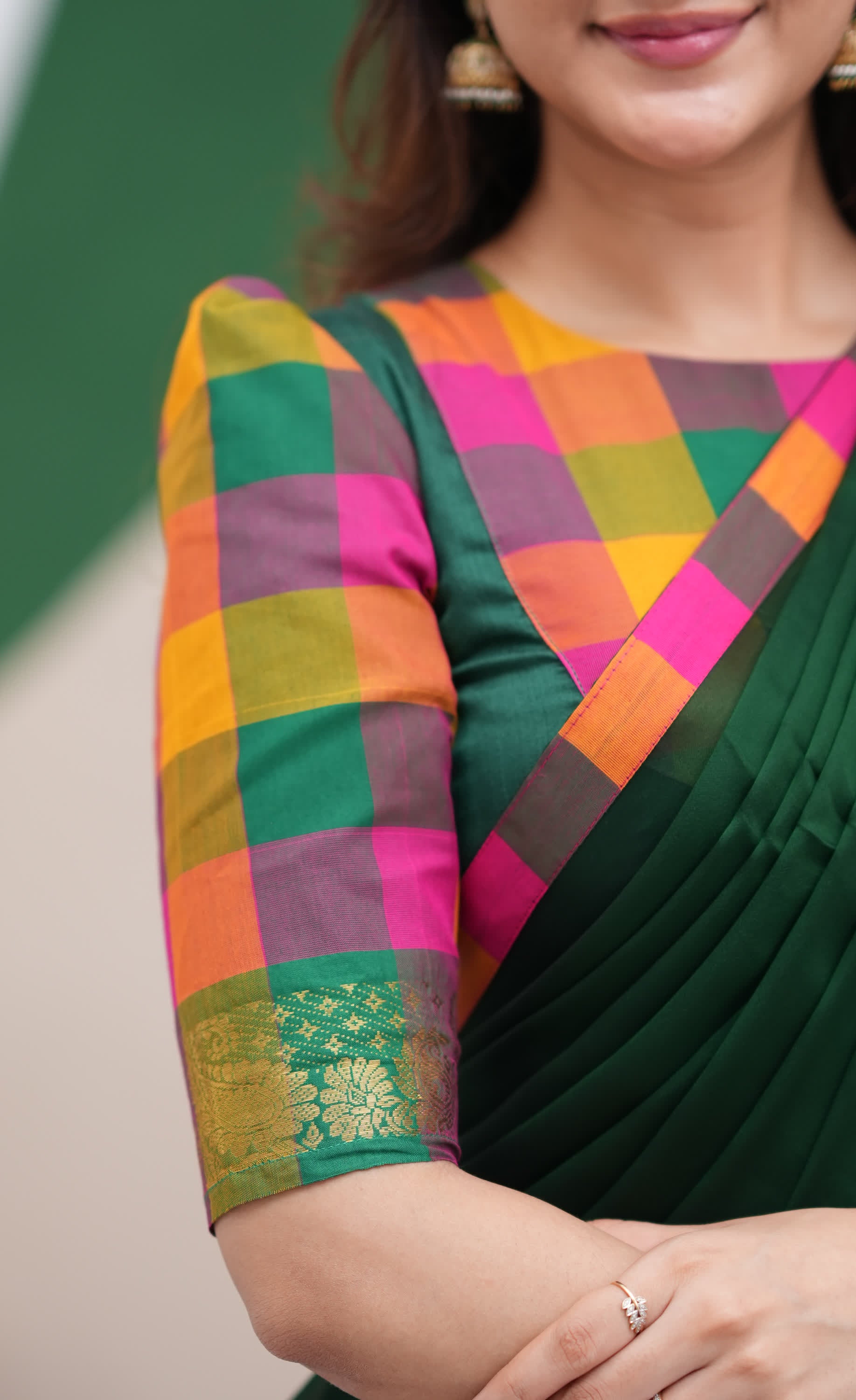 Pink and Bottle Green Kandangi Checks Poly Cotton Halfsaree