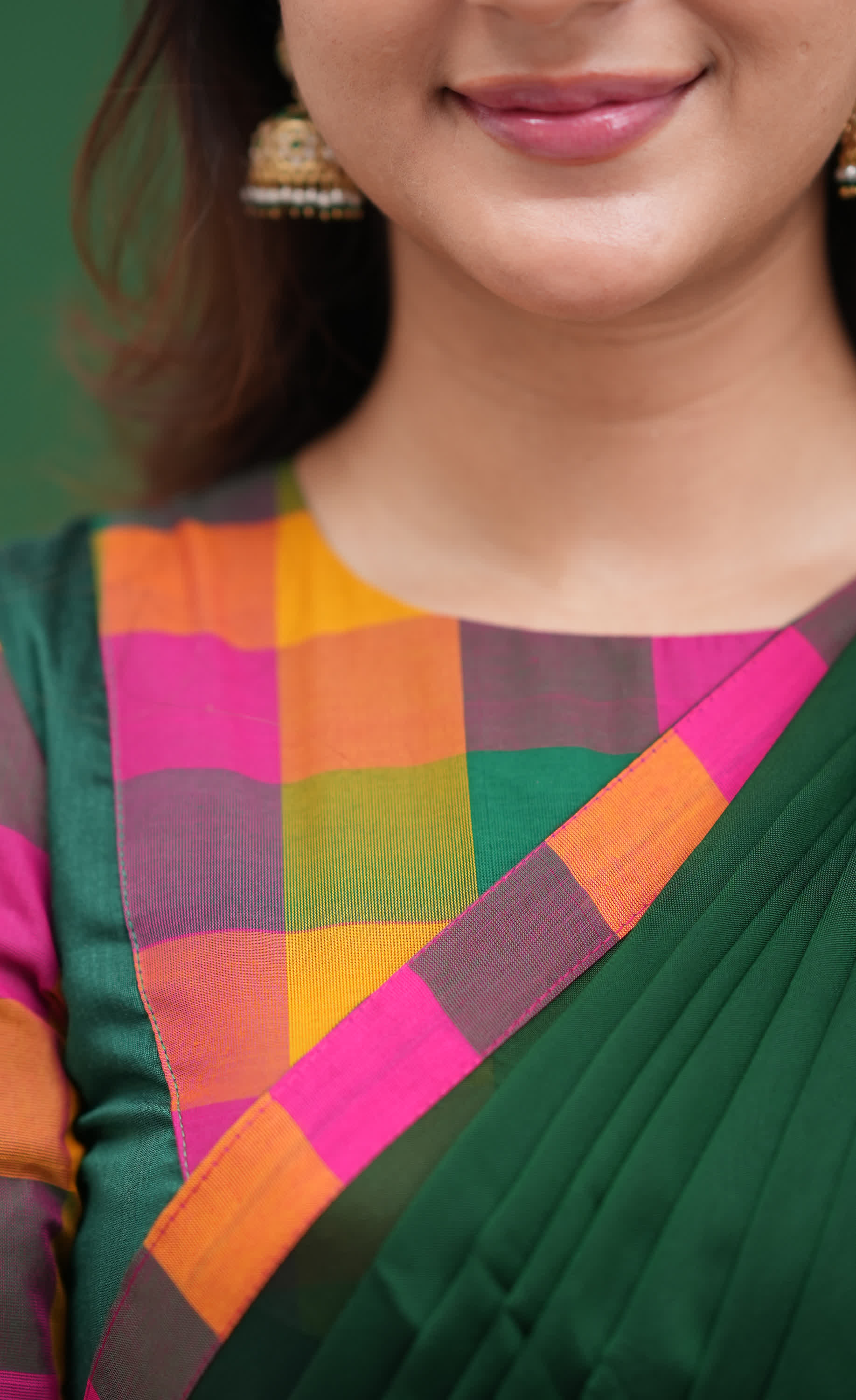 Pink and Bottle Green Kandangi Checks Poly Cotton Halfsaree