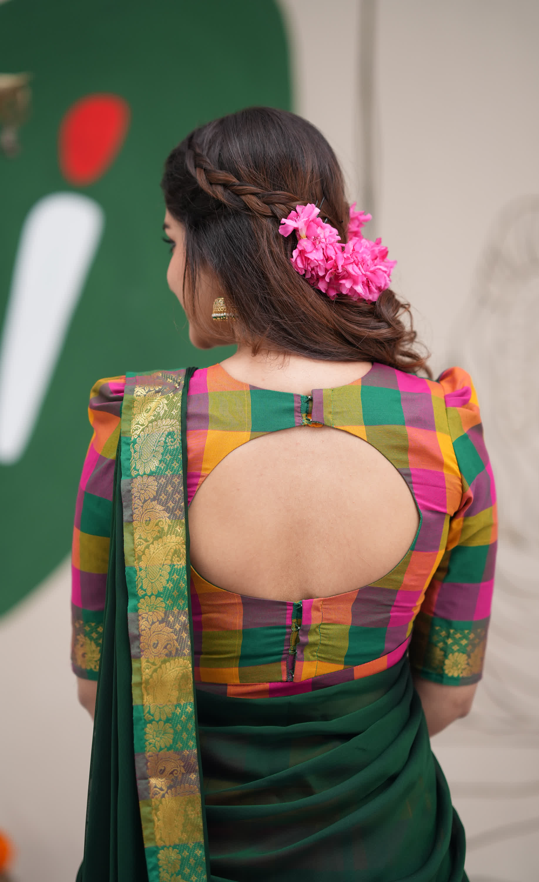 Pink and Bottle Green Kandangi Checks Poly Cotton Halfsaree