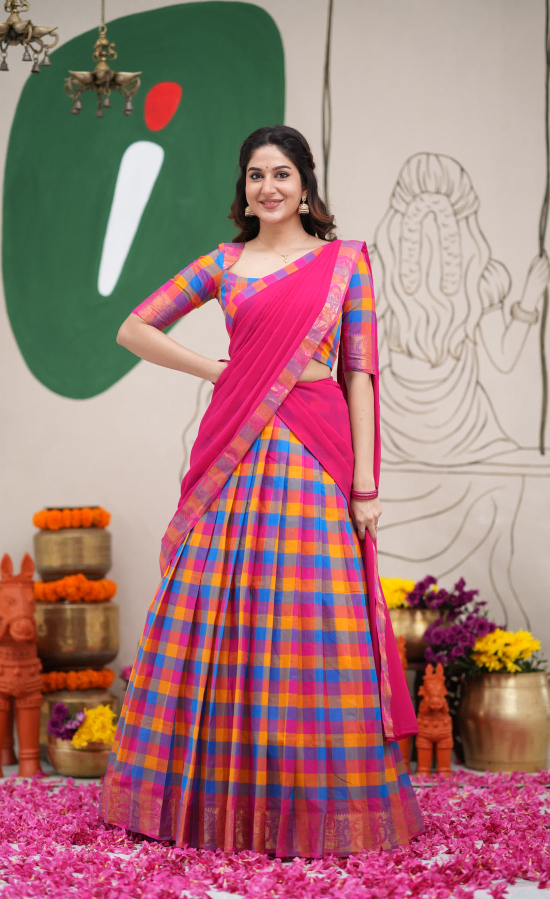 Padmaja Sky Blue and Pink Kandangi Checks Cotton Halfsaree