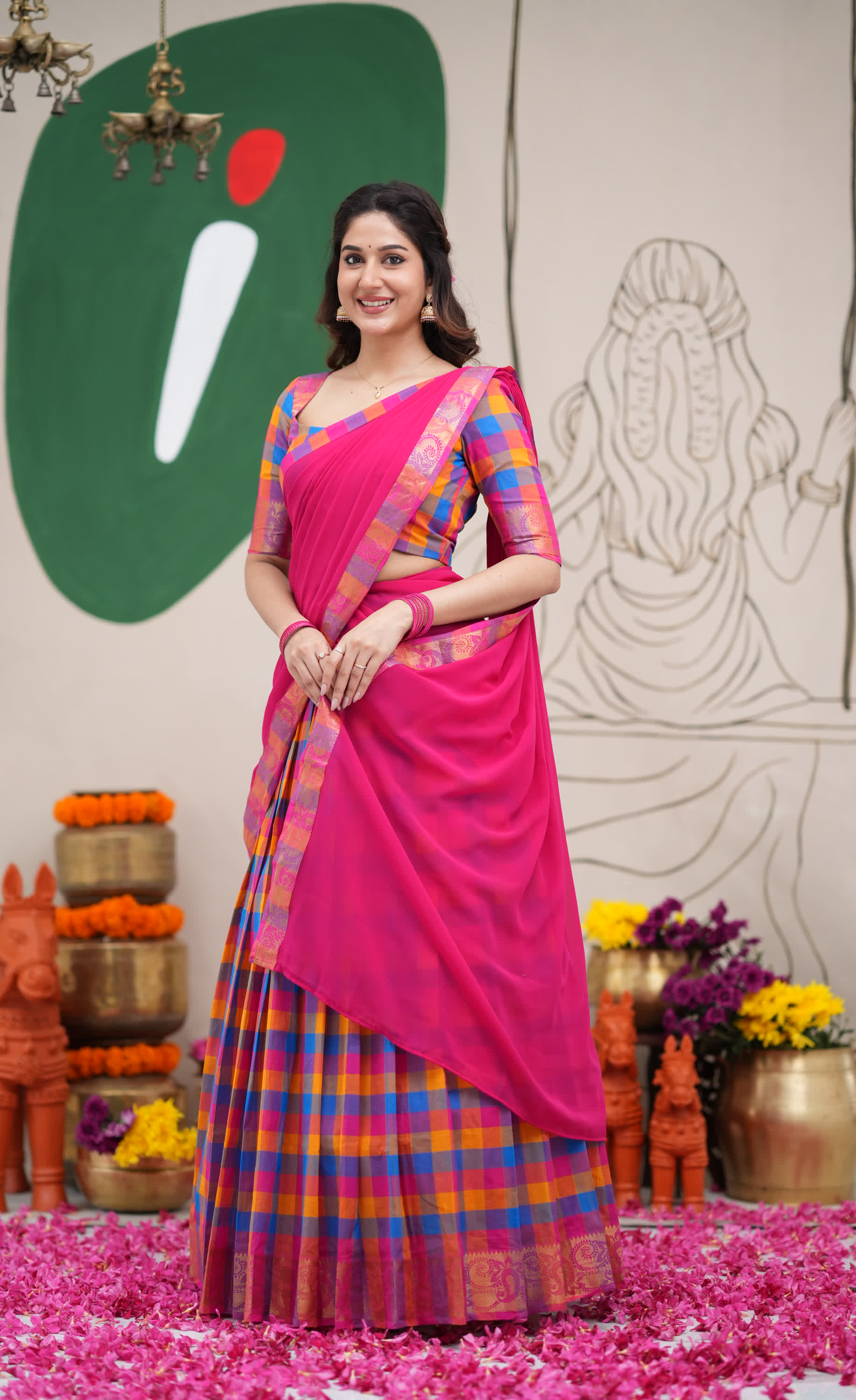Padmaja Sky Blue and Pink Kandangi Checks Cotton Halfsaree