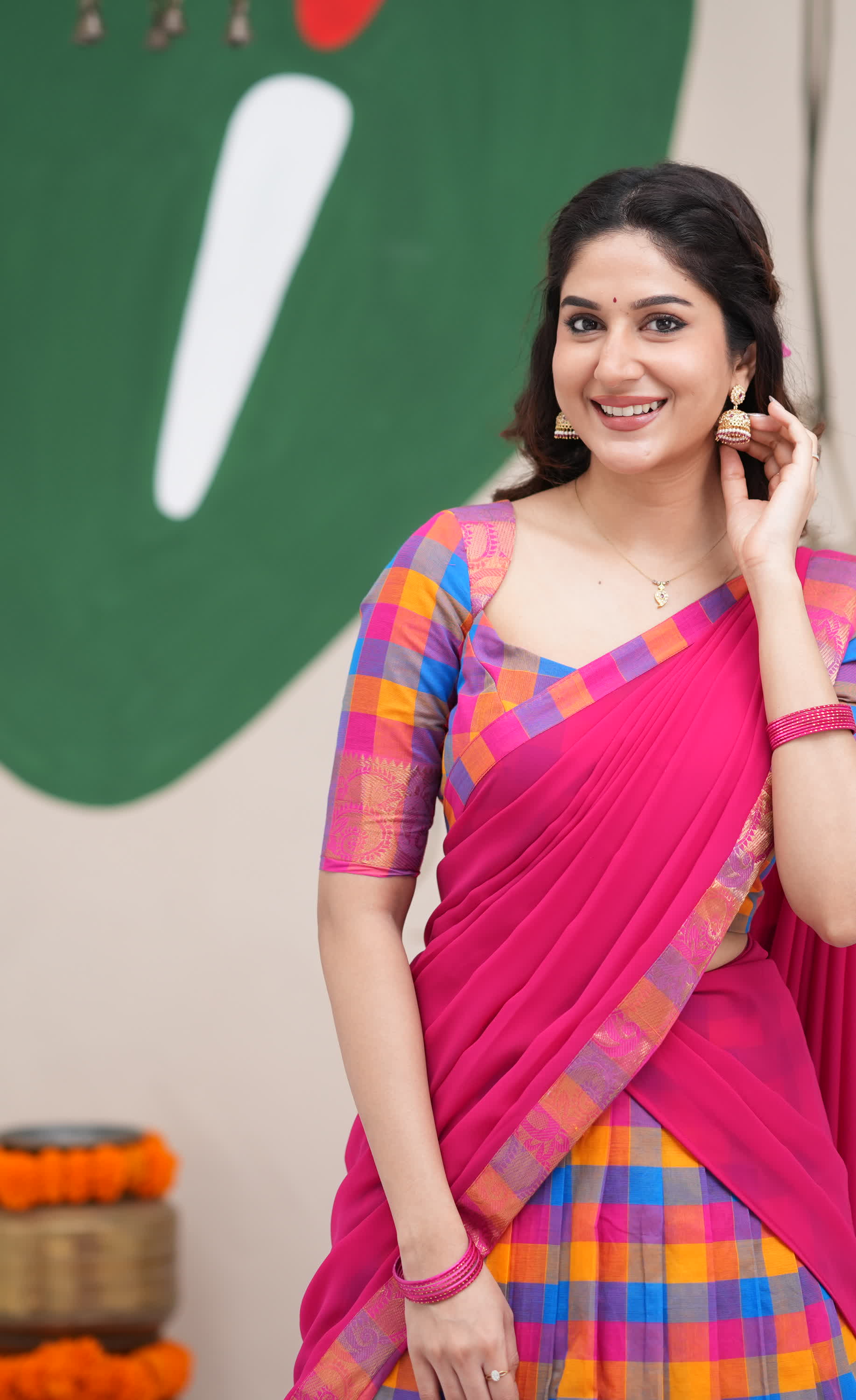 Padmaja Sky Blue and Pink Kandangi Checks Cotton Halfsaree