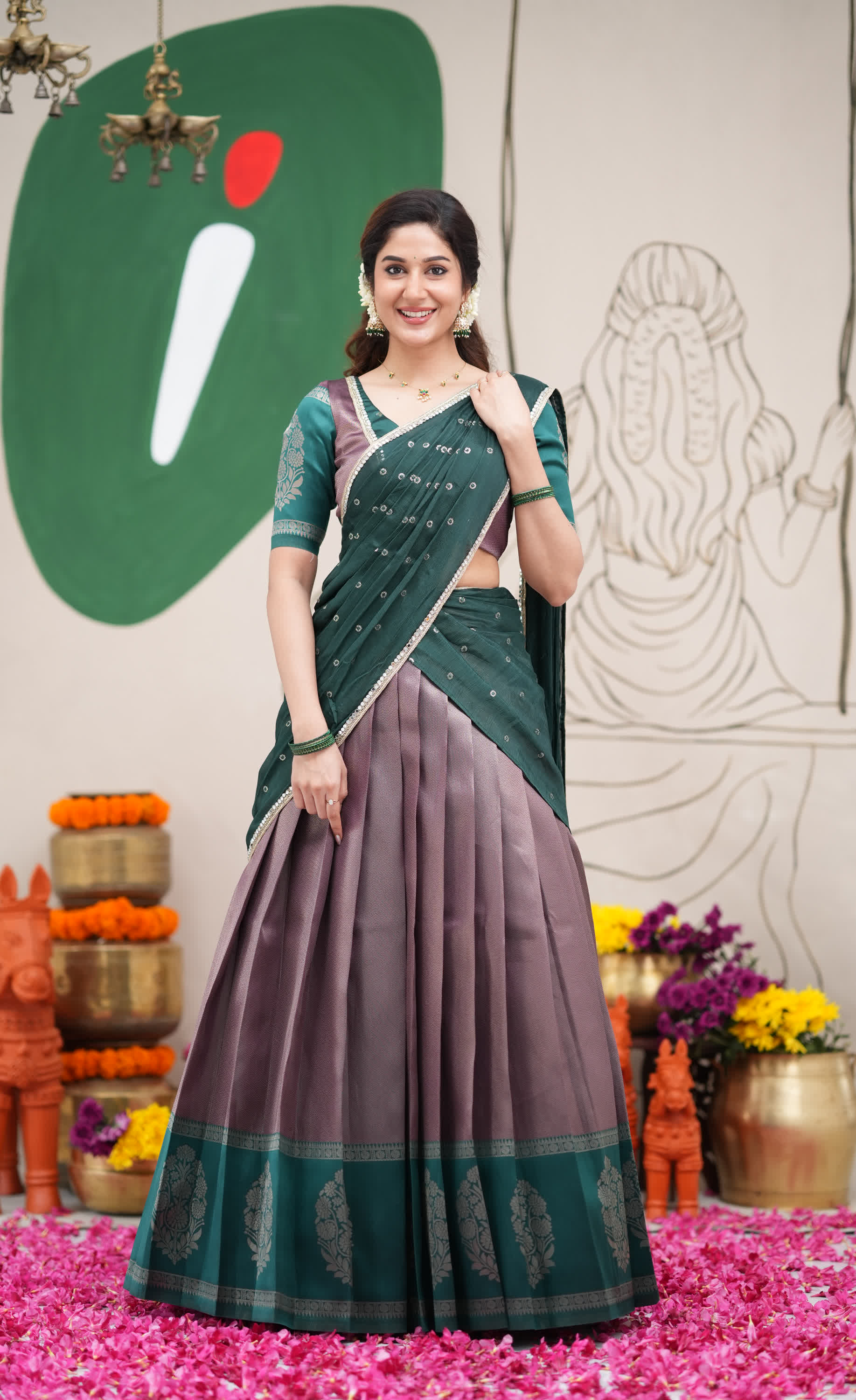 Padmakshi Dark Purple and Dark Green Blended Silk Halfsaree