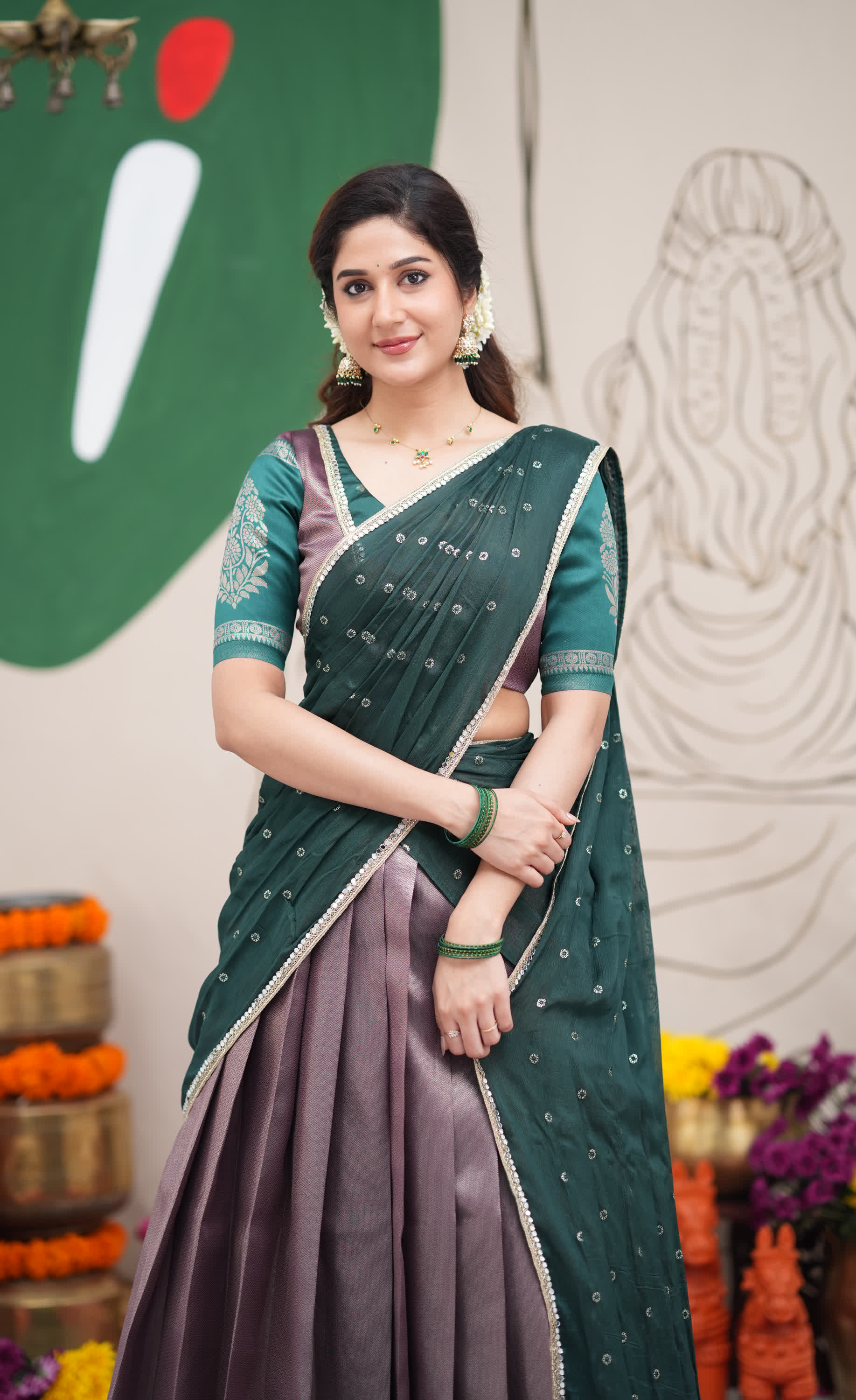 Padmakshi Dark Purple and Dark Green Blended Silk Halfsaree