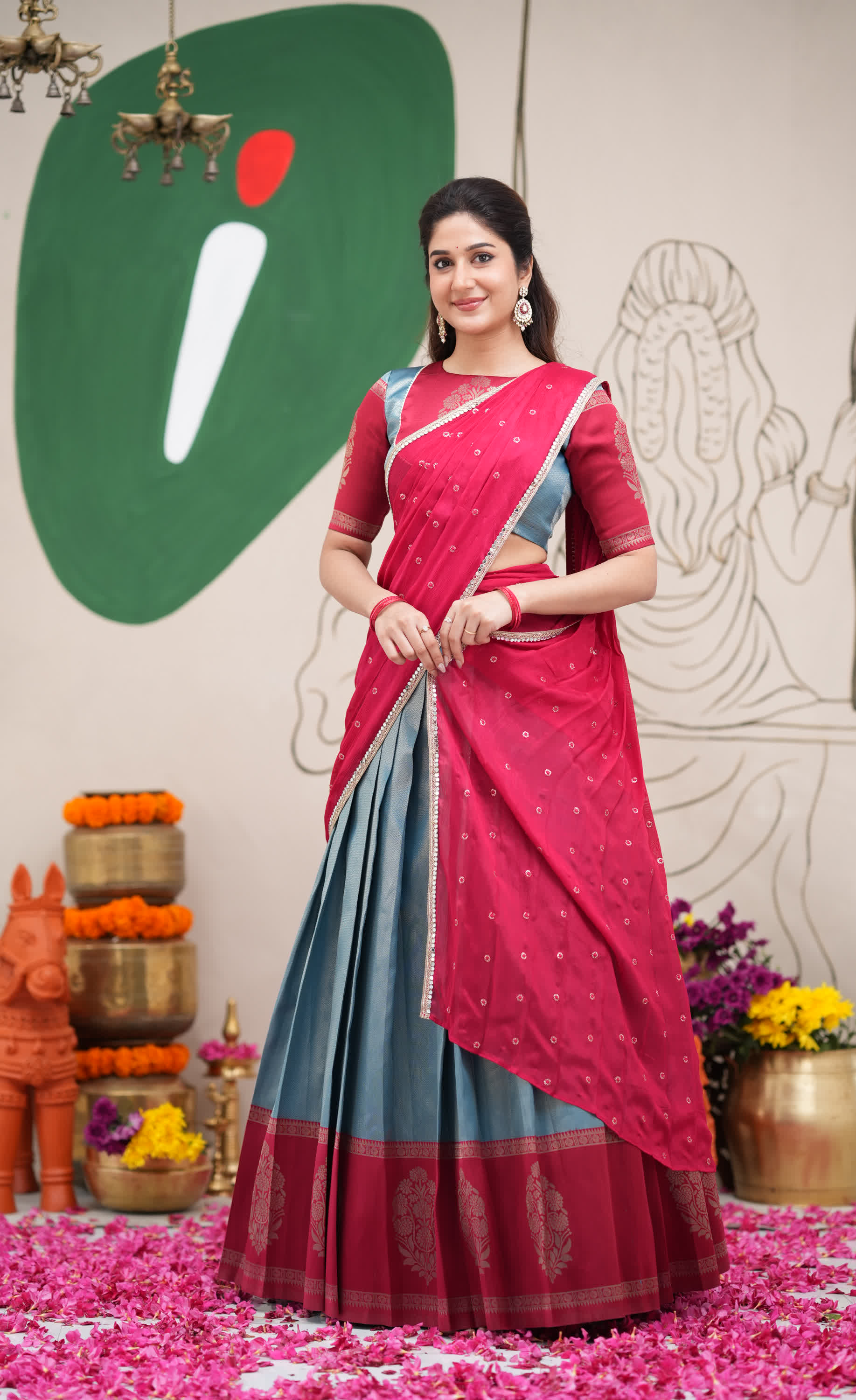 Padmakshi Blue and Red Blended Silk Halfsaree