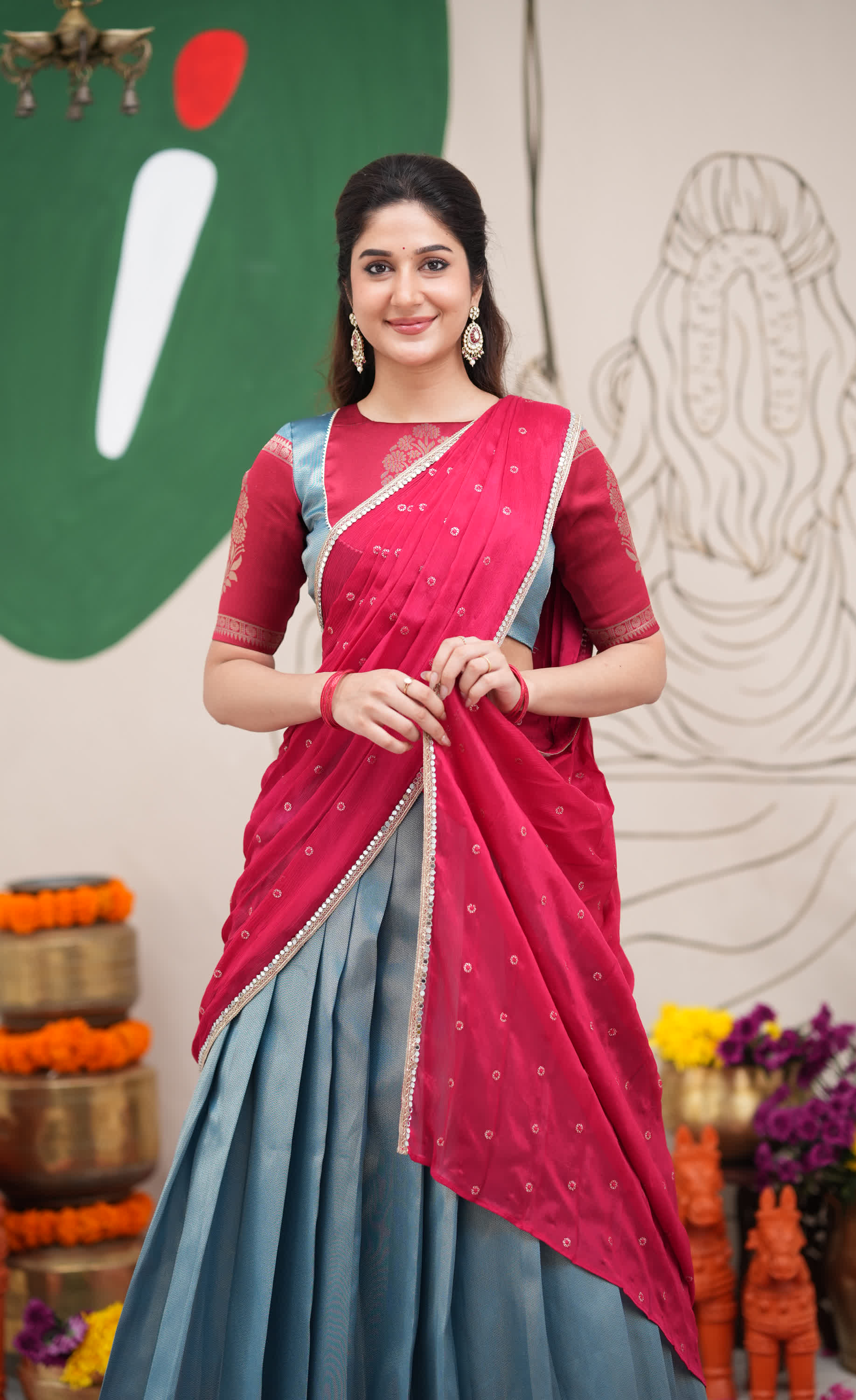 Padmakshi Blue and Red Blended Silk Halfsaree