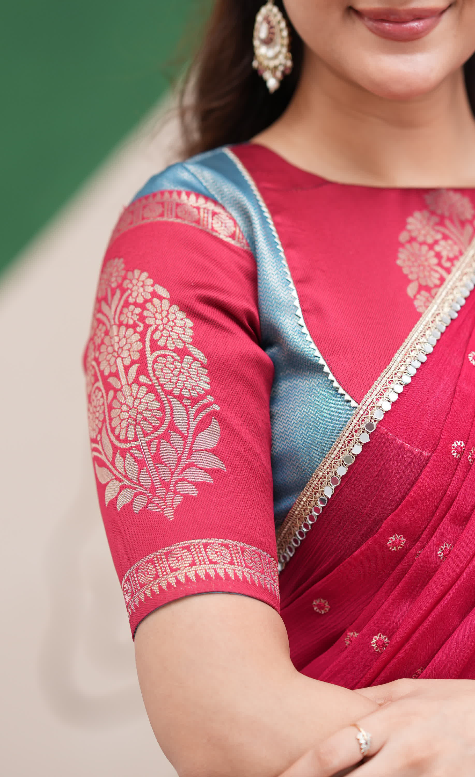 Padmakshi Blue and Red Blended Silk Halfsaree