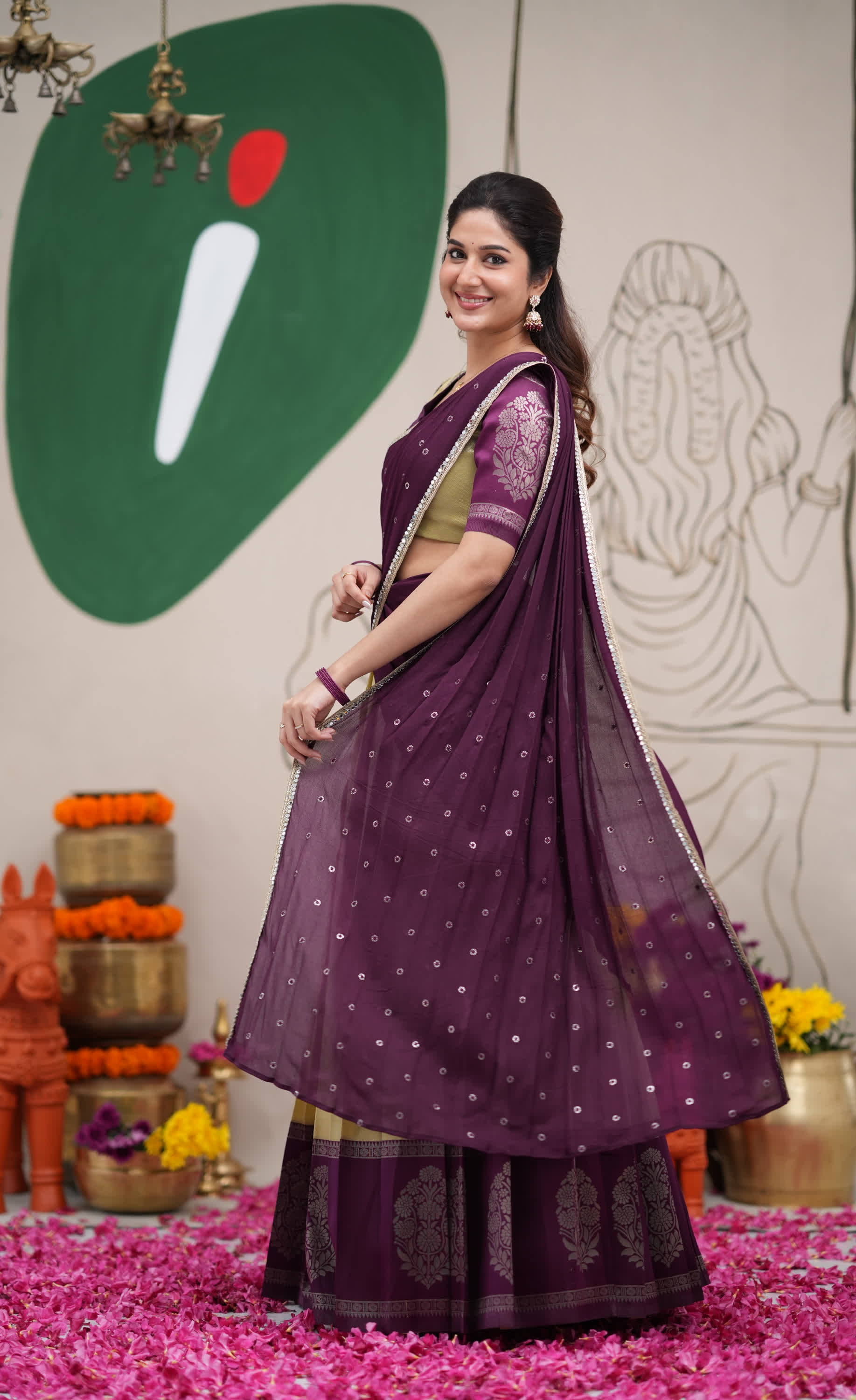 Padmakshi Pastel Yellow and Dark Purplish Wine Blended Silk Halfsaree