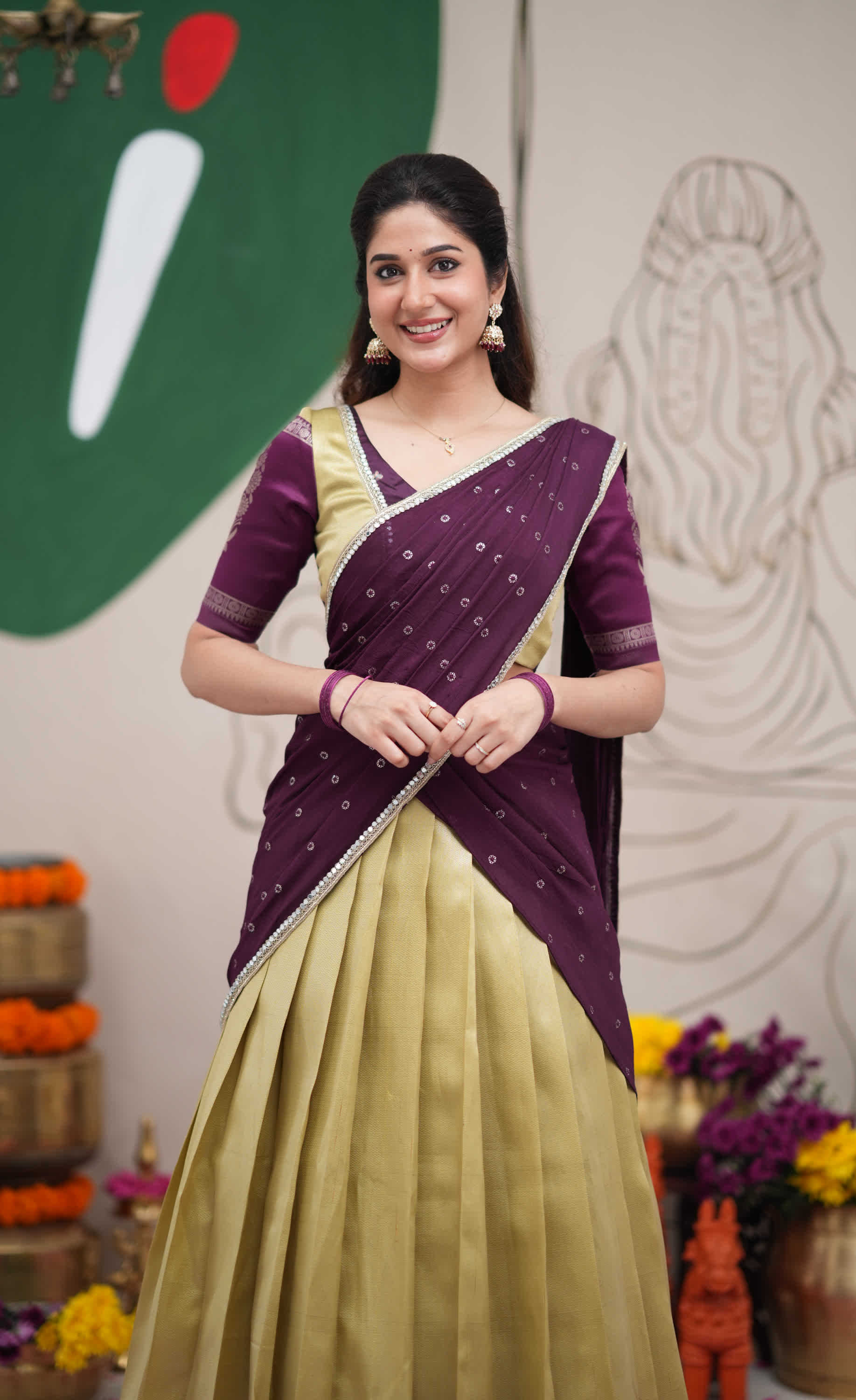 Padmakshi Pastel Yellow and Dark Purplish Wine Blended Silk Halfsaree