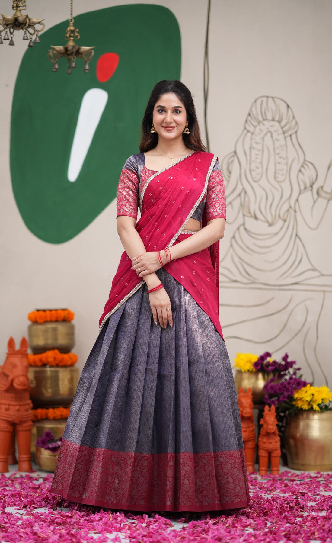 Padmakshi Dark Blue and Red Blended Silk Halfsaree