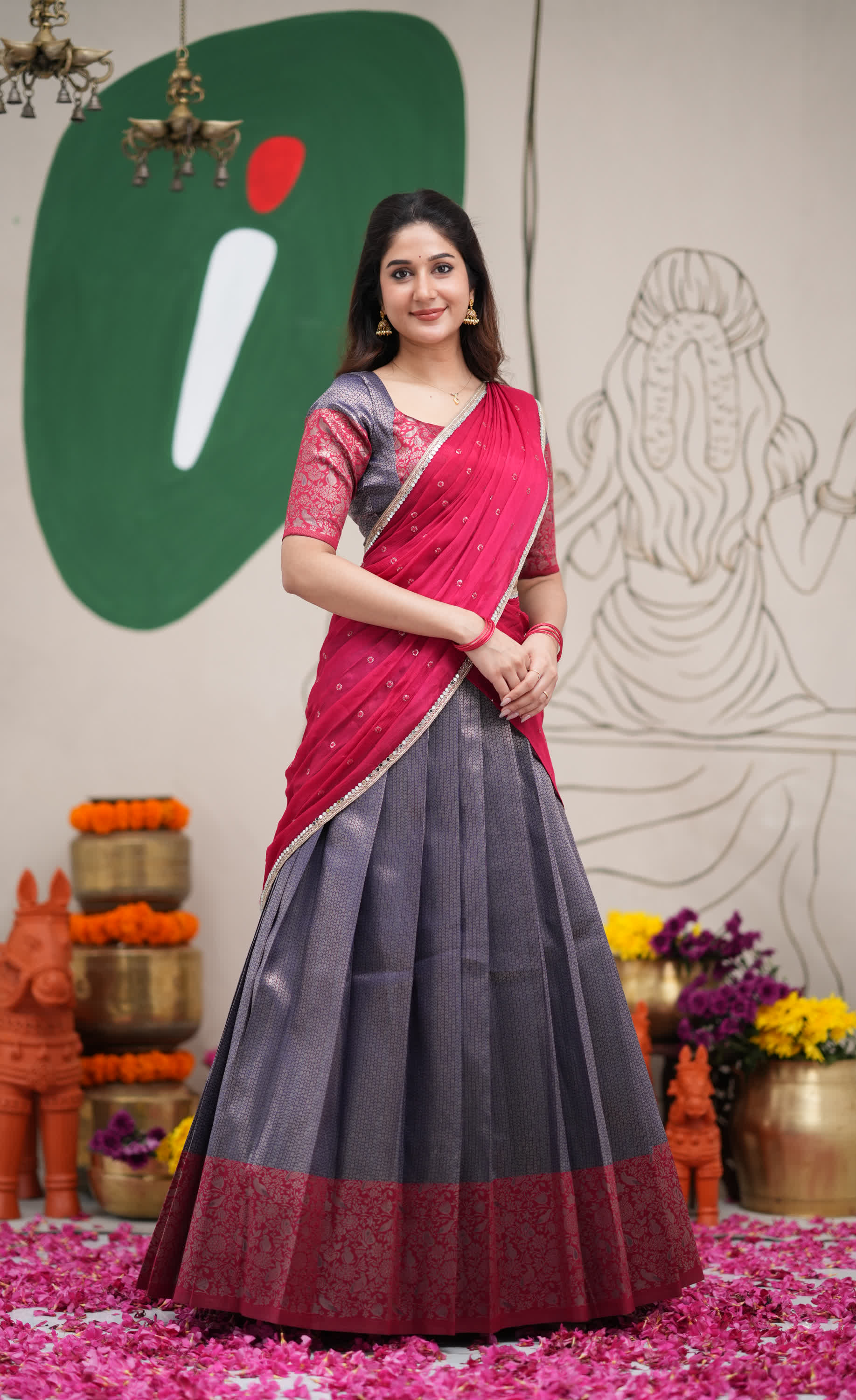 Padmakshi Dark Blue and Red Blended Silk Halfsaree