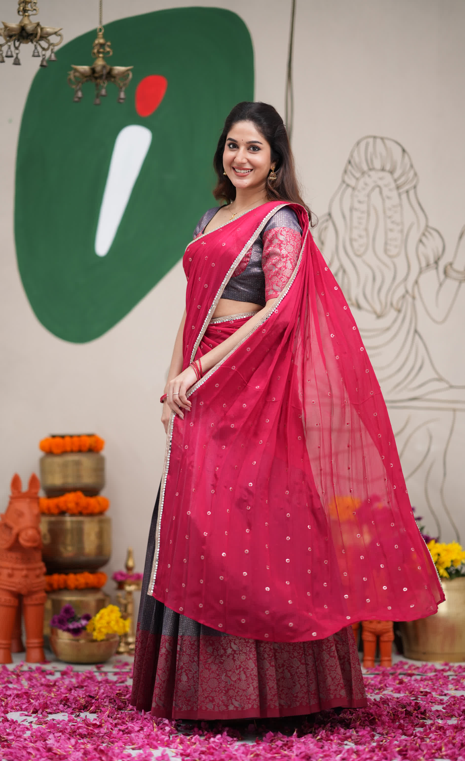 Padmakshi Dark Blue and Red Blended Silk Halfsaree