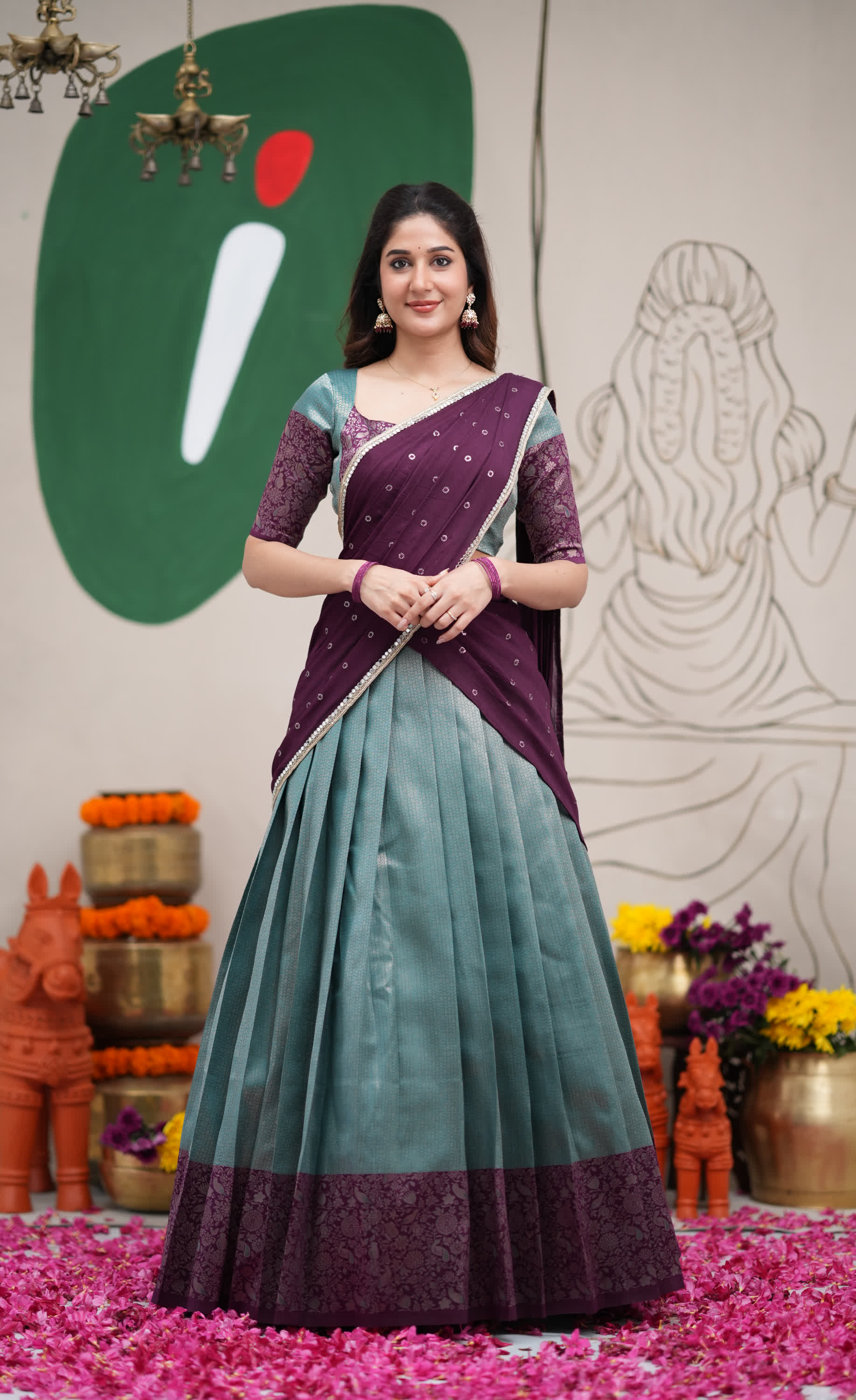 Padmakshi Teal Blue and Dark Purplish Wine Blended Silk Halfsaree