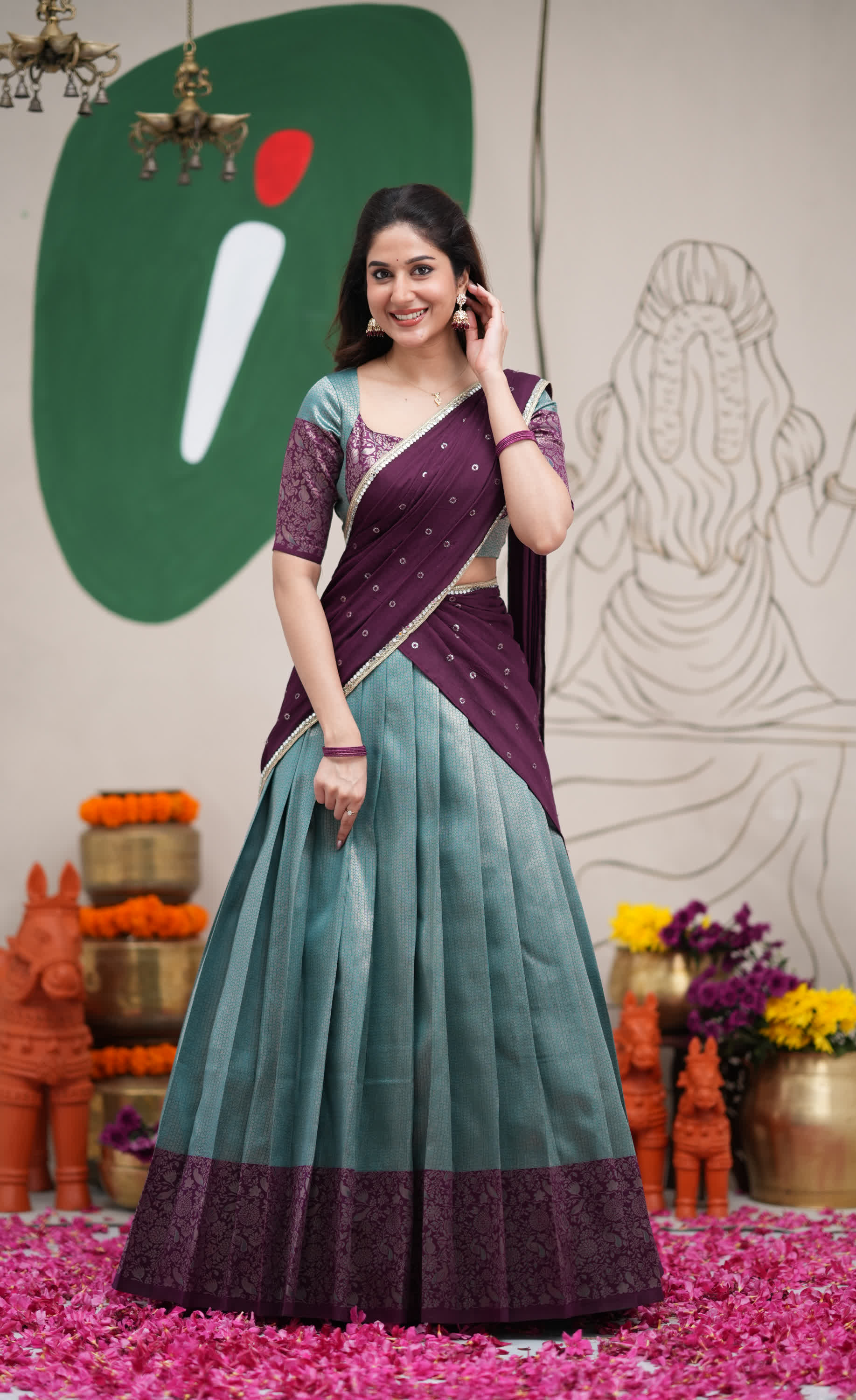 Padmakshi Teal Blue and Dark Purplish Wine Blended Silk Halfsaree