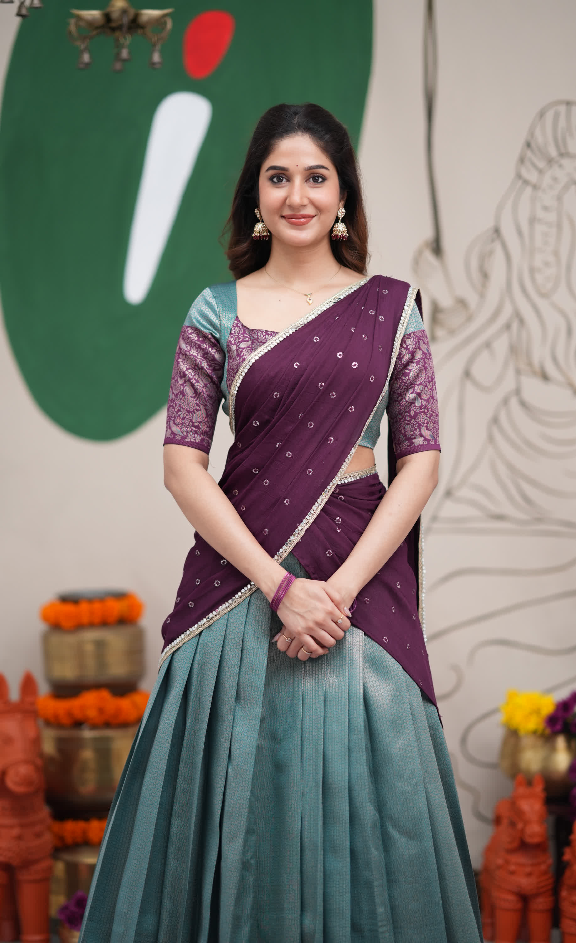 Padmakshi Teal Blue and Dark Purplish Wine Blended Silk Halfsaree