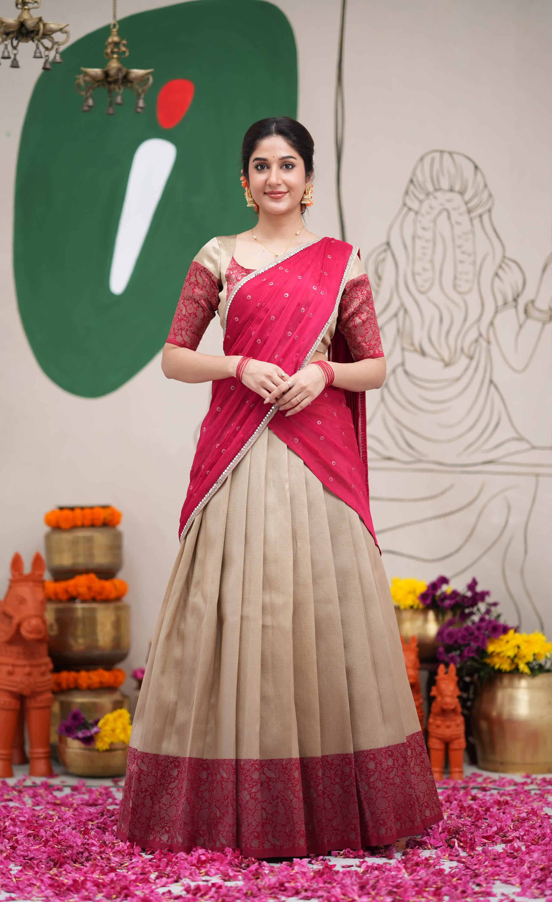 Padmakshi Creamish Gold and Red Blended Silk Halfsaree