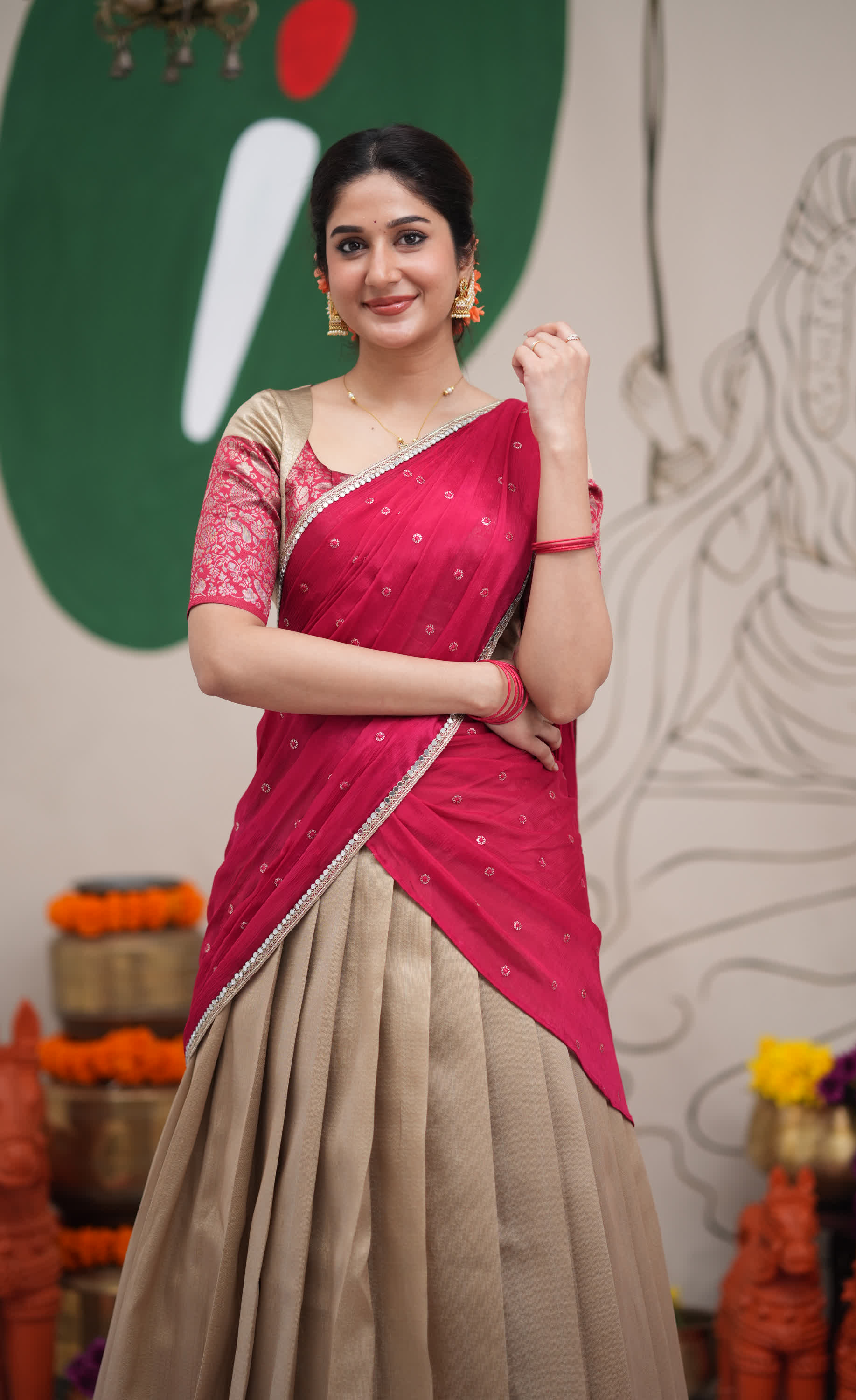 Padmakshi Creamish Gold and Red Blended Silk Halfsaree