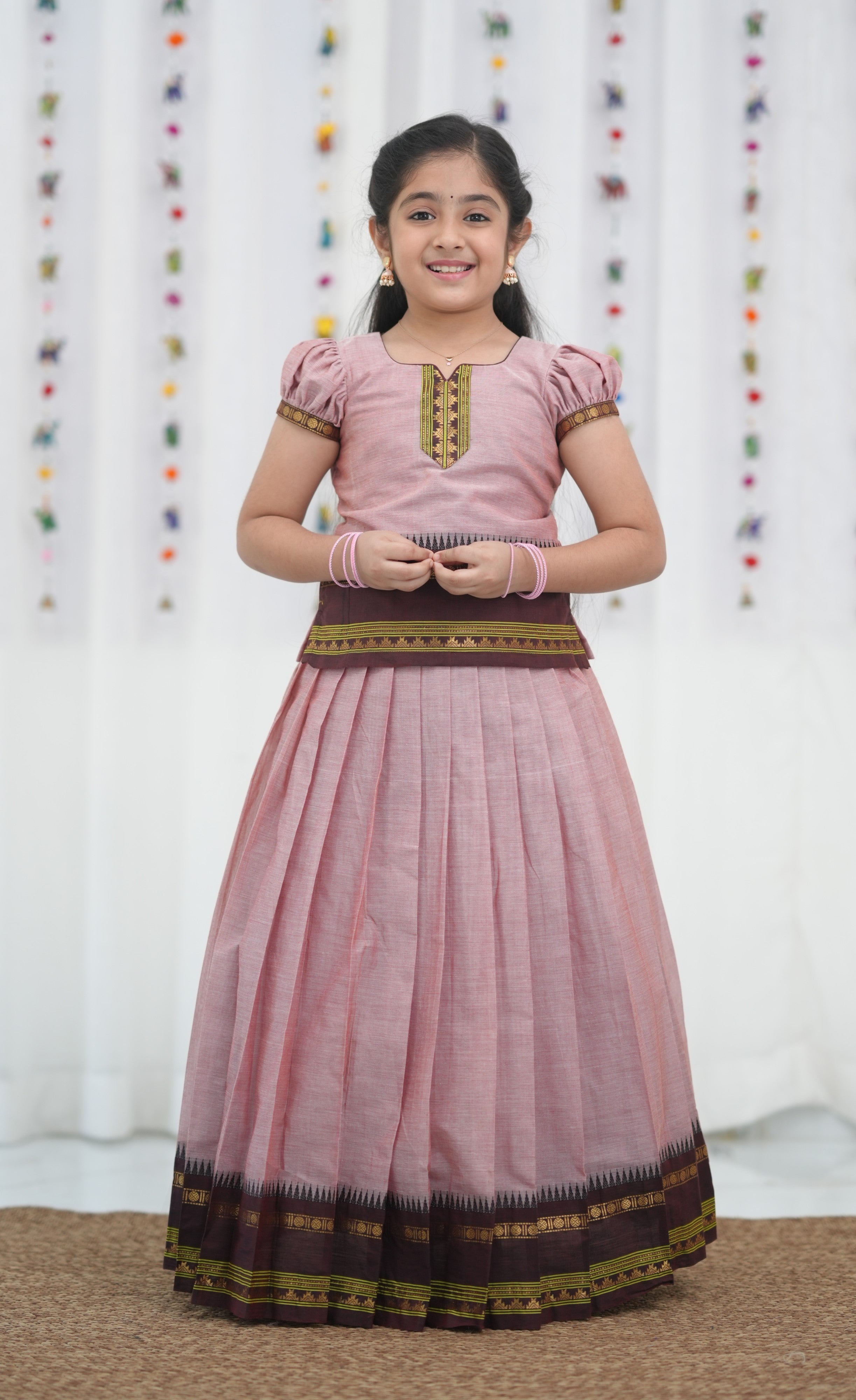 Cotton Pavadai Sattai - Dusky Pink and Brownish Maroon