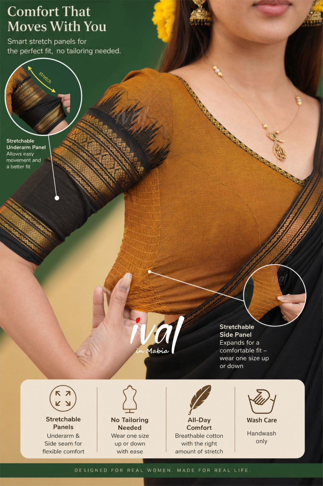 Padmaja Cotton Half Saree - Brownish mustard and Black with Stretchable Blouse