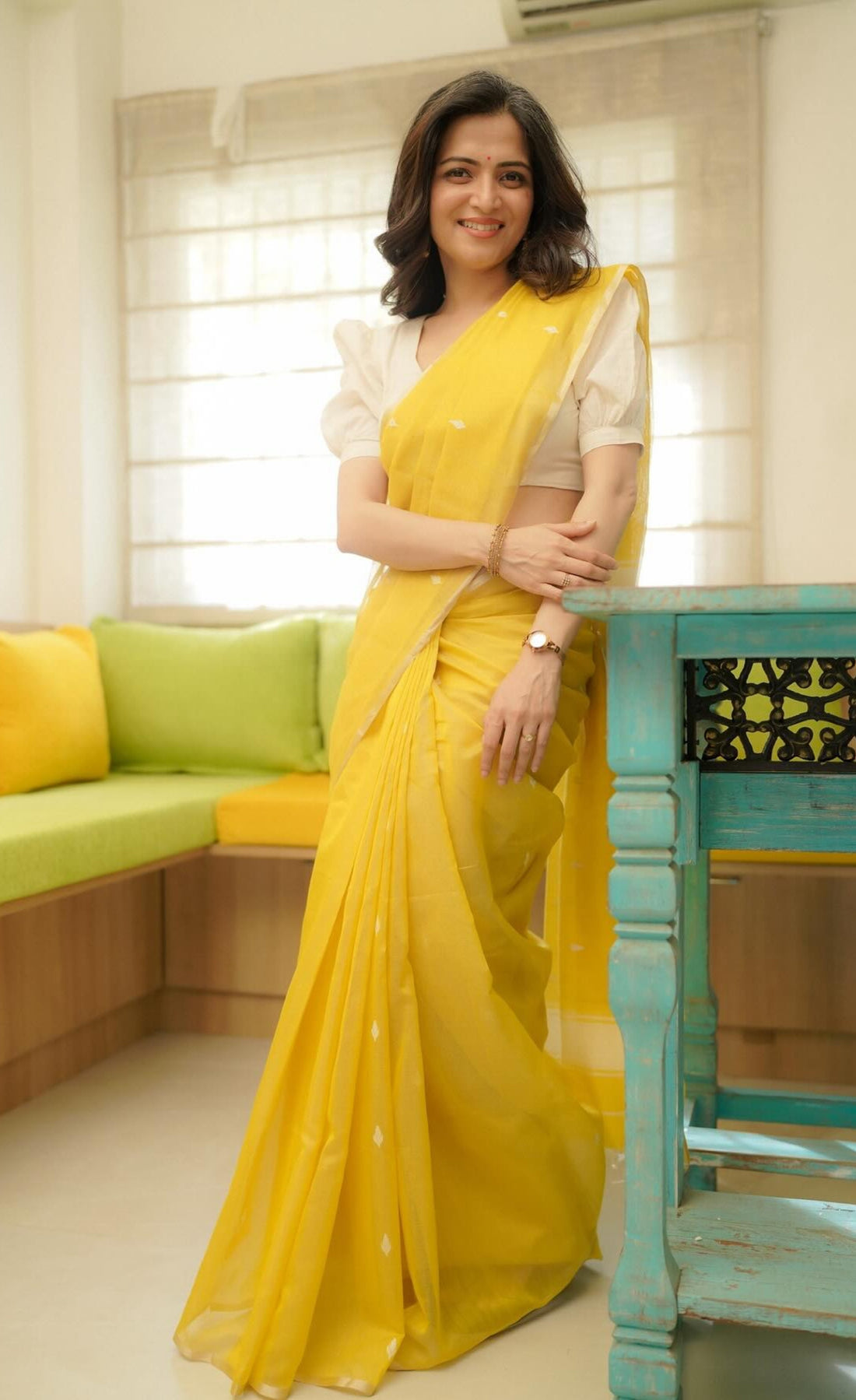Henna Mustard Handloom Maheswari Silk Cotton Saree