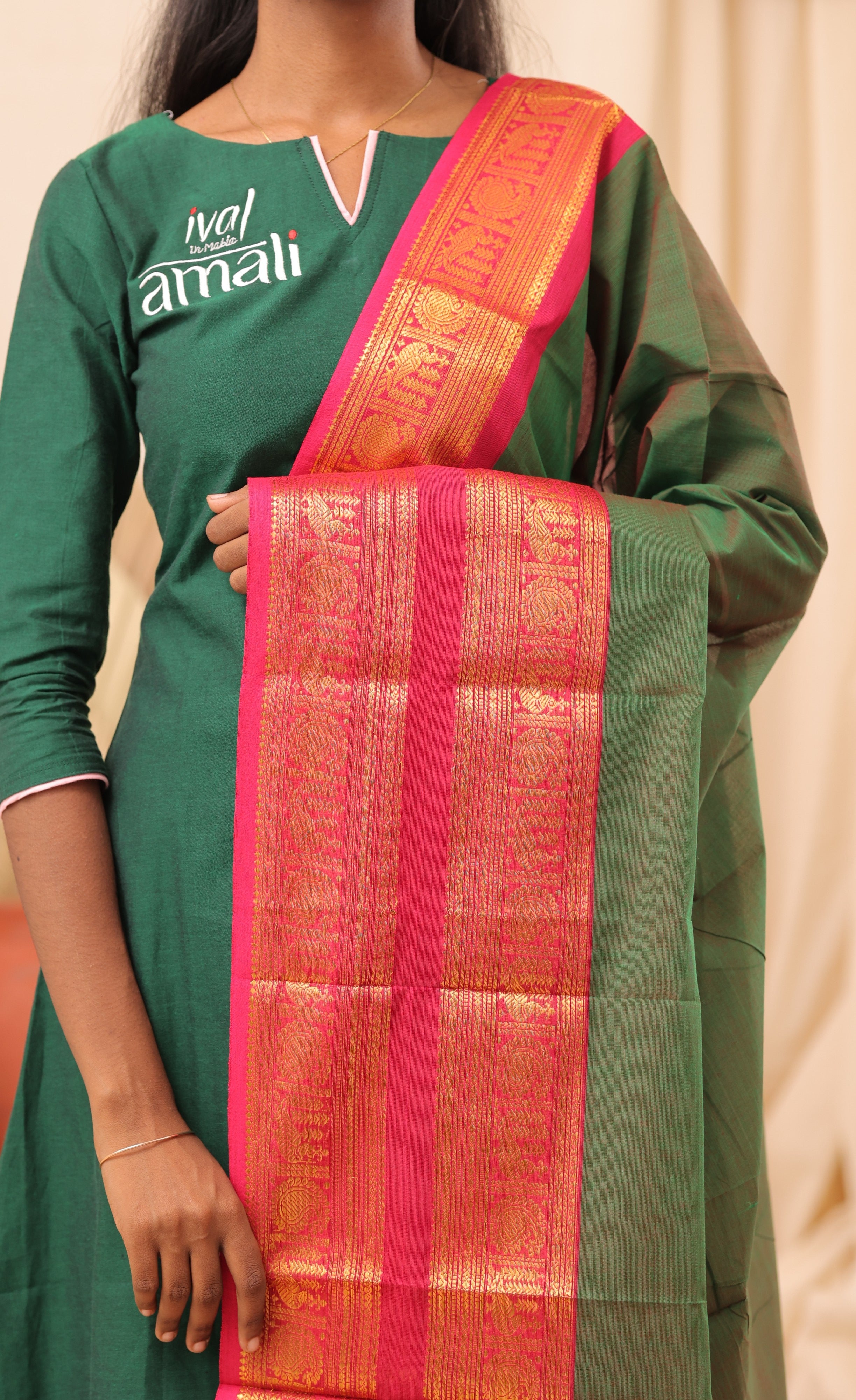 Deep Green With Pink Chettinad Cotton Dupatta