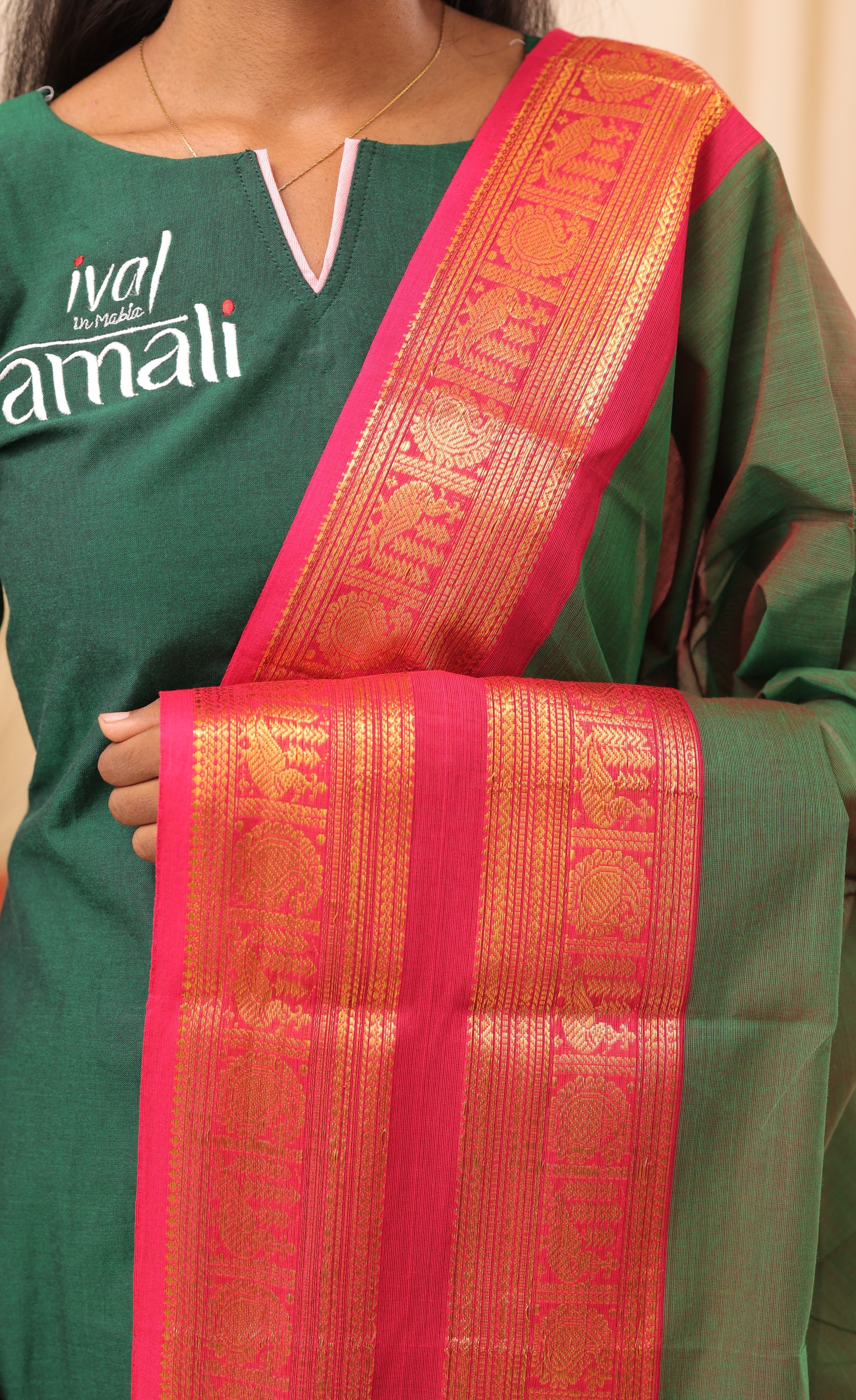 Deep Green With Pink Chettinad Cotton Dupatta